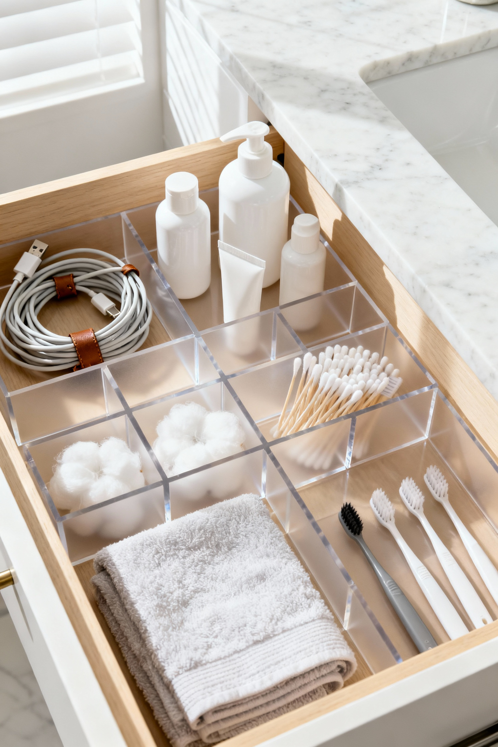 A photograph showing the inside of a wide bathroom vanity drawer featuring interlocking modular organizers made of light wood and clear acrylic, holding toiletries, cords, and beauty products in perfect order.