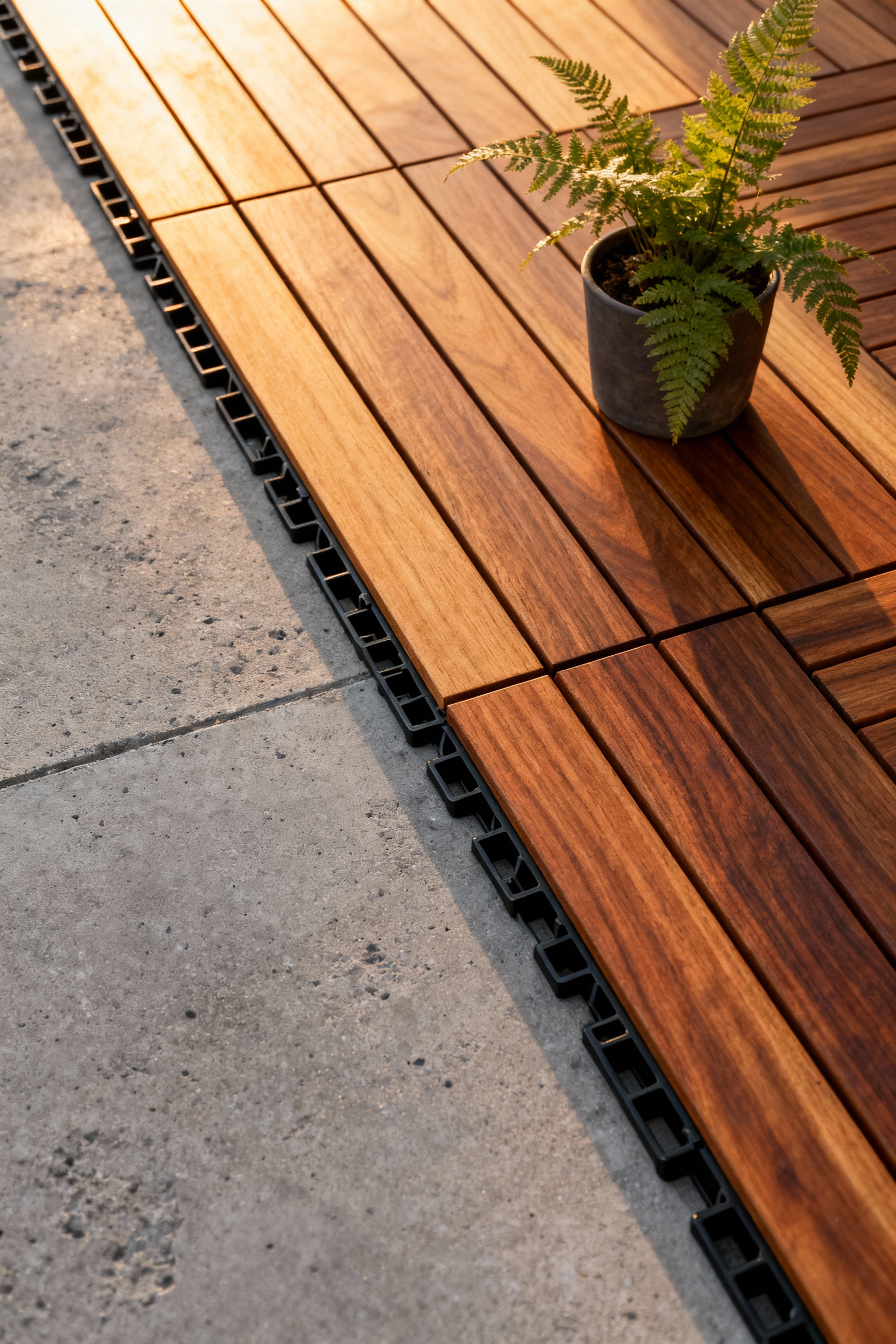 Modular teak decking tiles installed over a grey concrete slab, highlighting the visible black plastic elevation grid base for proper drainage on a balcony.