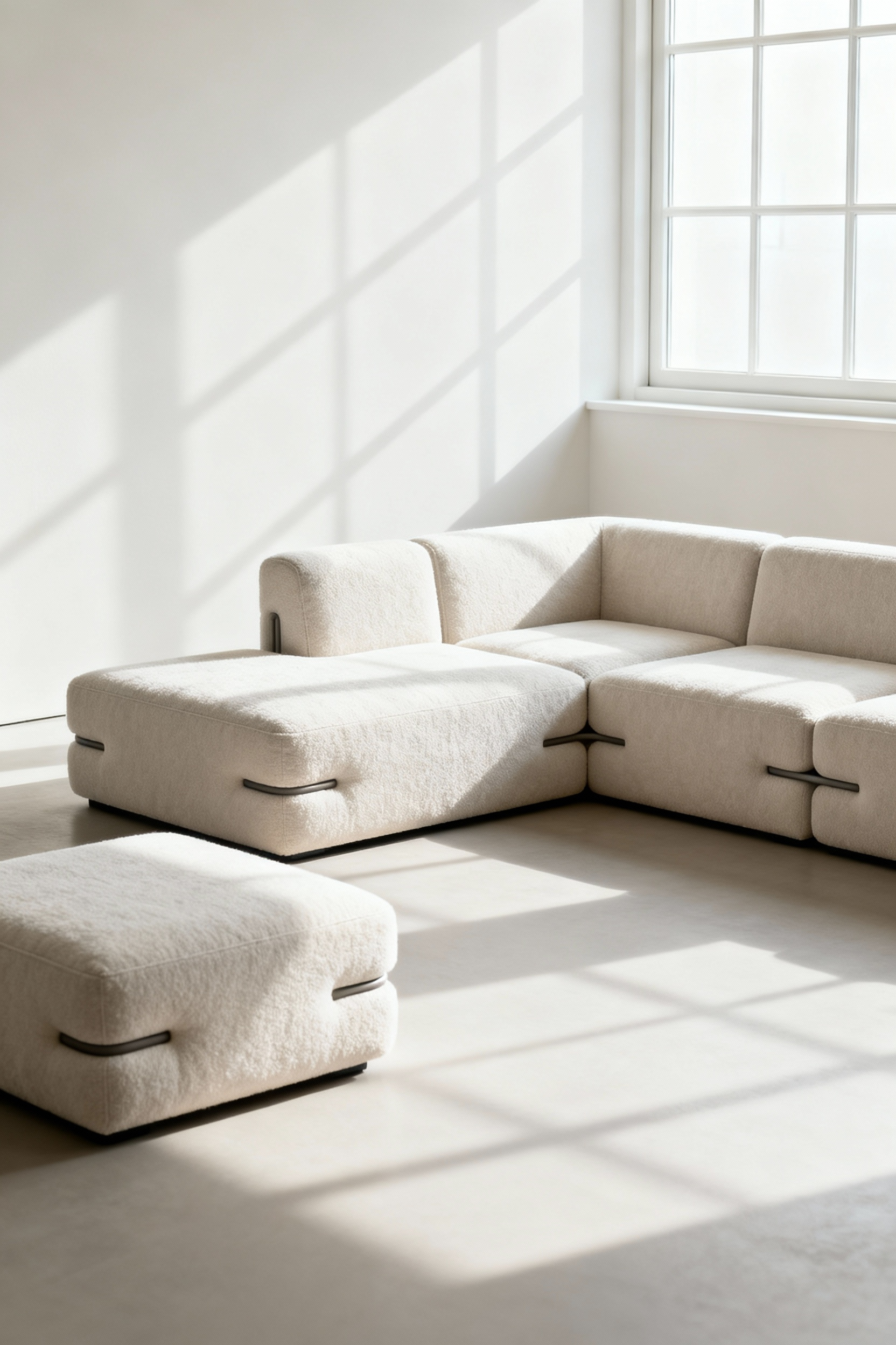 Modern living room with a reconfigurable modular seating system in neutral tones, showcasing adaptability and flexible design.