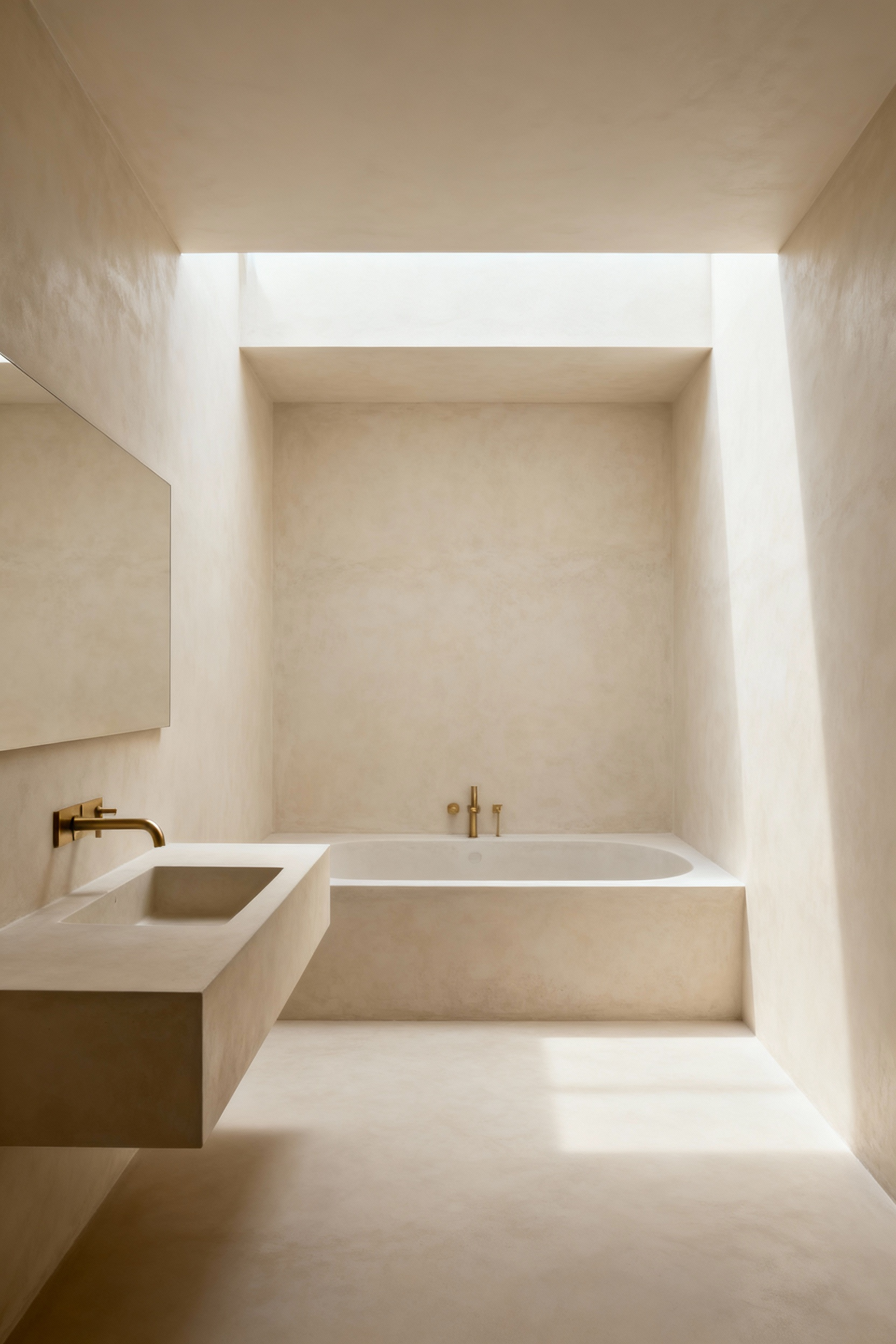 Minimalist bathroom featuring a monochromatic tone-on-tone palette of matte bone white and beige, designed for low cognitive load and visual calmness.