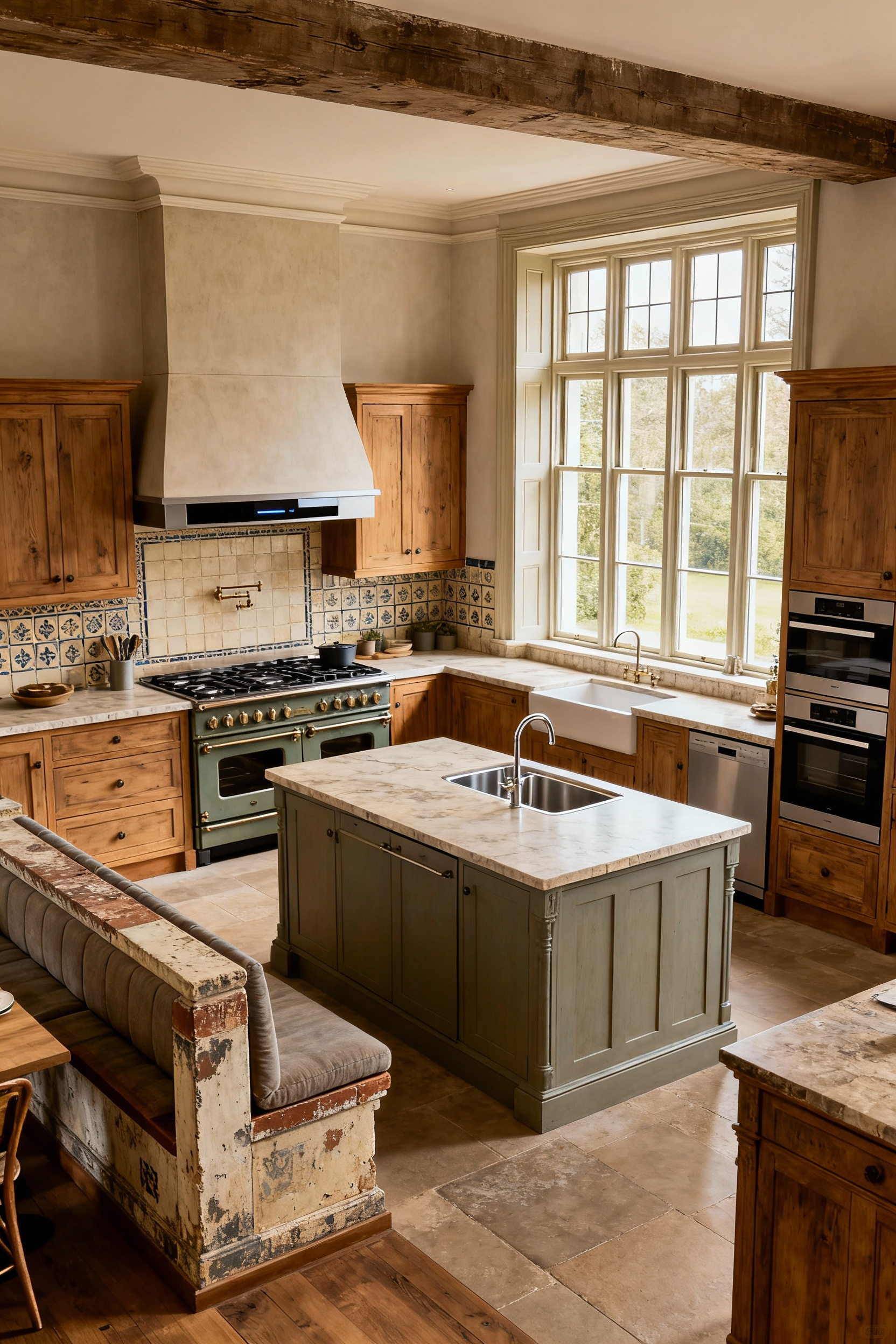 Historic kitchen with multiple distinct functional zones, featuring antique cabinetry integrated with modern appliances and a central island serving as both prep area and casual dining space. Natural light streams through period-appropriate windows, highlighting classic architectural details and rich textures.
