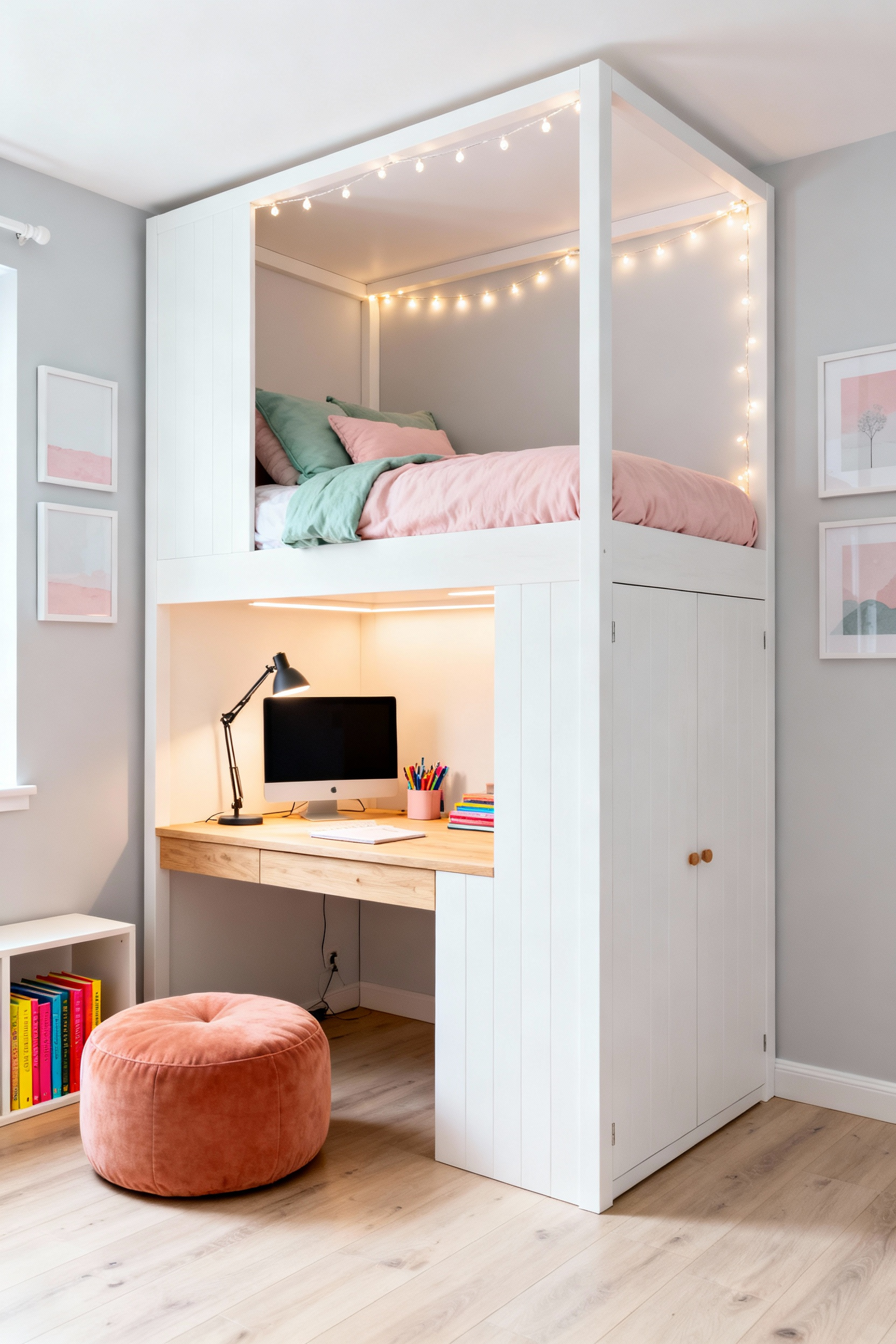 A vertically zoned girl's bedroom featuring a white loft bed above a focused study area with a wooden desk, demonstrating clear separation between sleep, study, and social zones.