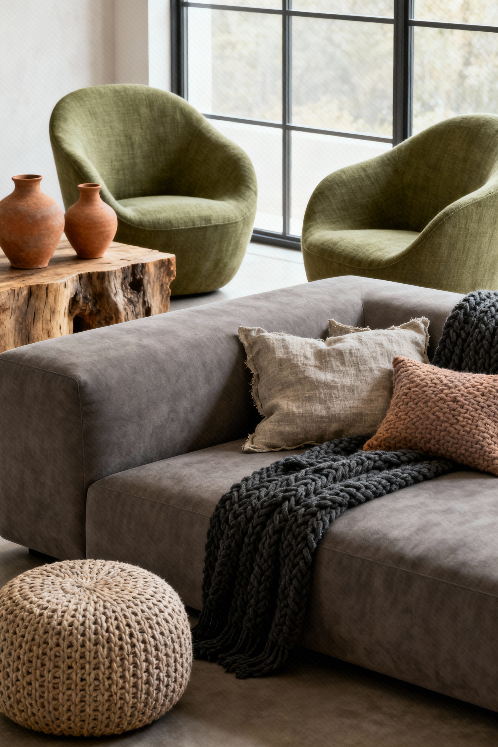 Serene living room decorated with a palette of muted grey, moss green, terracotta, and warm taupe earth tones, featuring natural materials and soft furnishings under natural light.