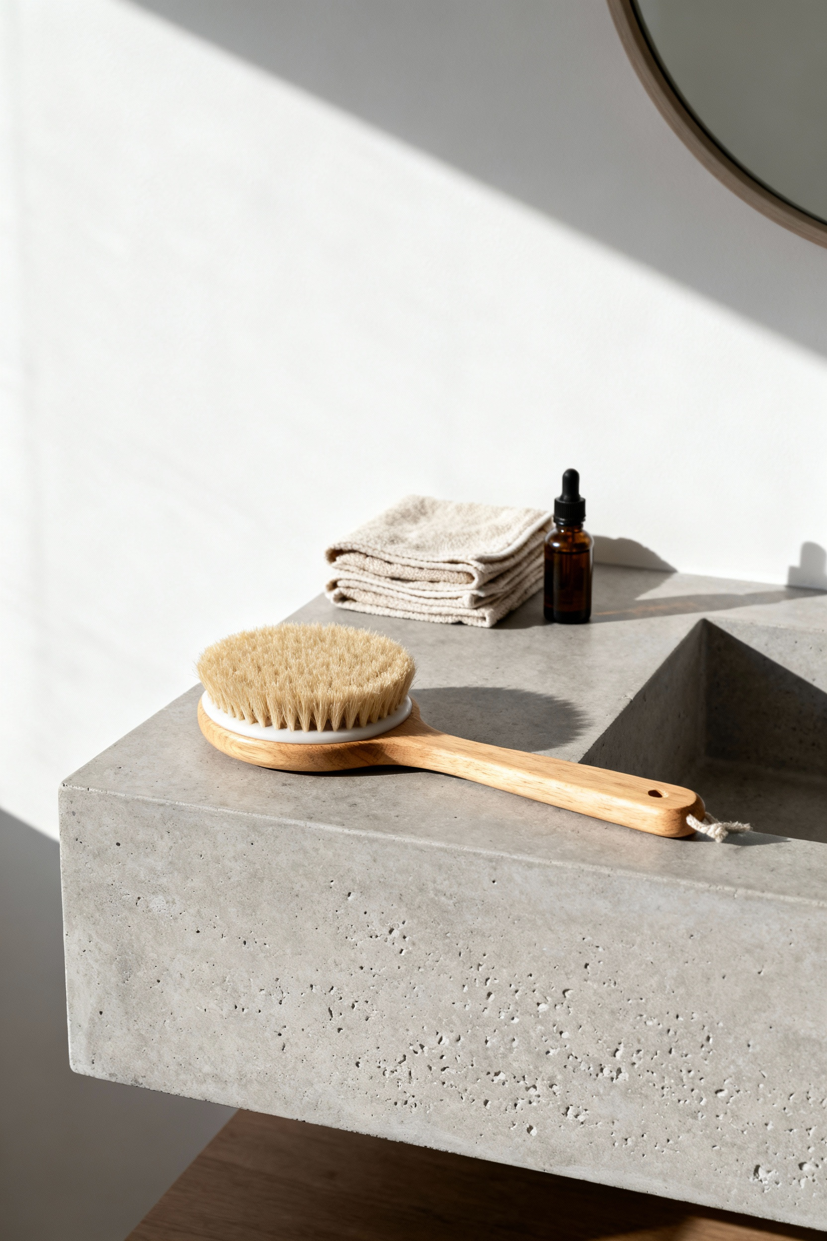 A natural wood and bristle dry brush resting on a light gray concrete vanity counter next to folded linen towels and an essential oil bottle, representing a healthy bathroom accessory setup for lymphatic drainage.