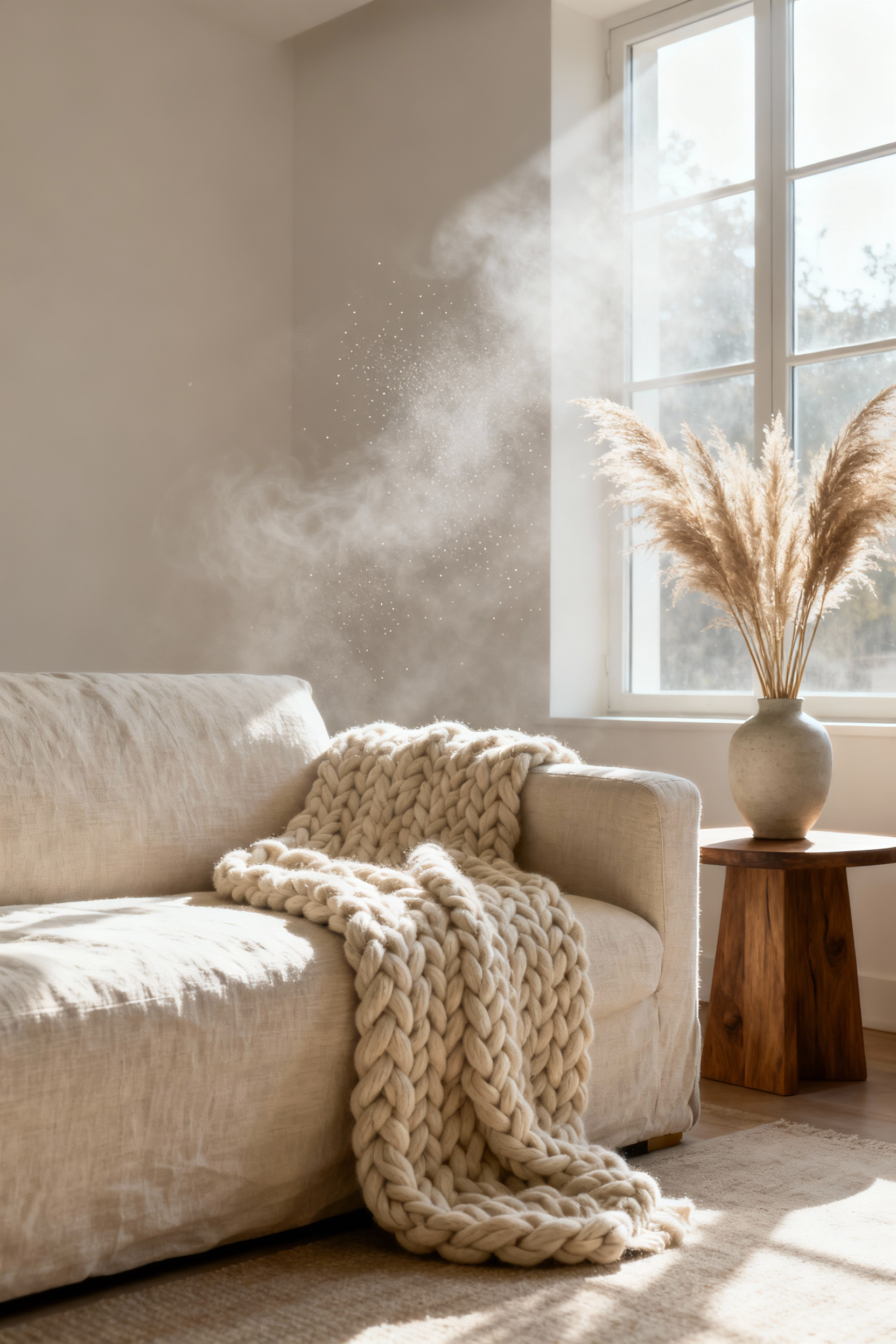 Living room sofa upholstered in natural linen with a wool knit throw, emphasizing clean air and natural textures.
