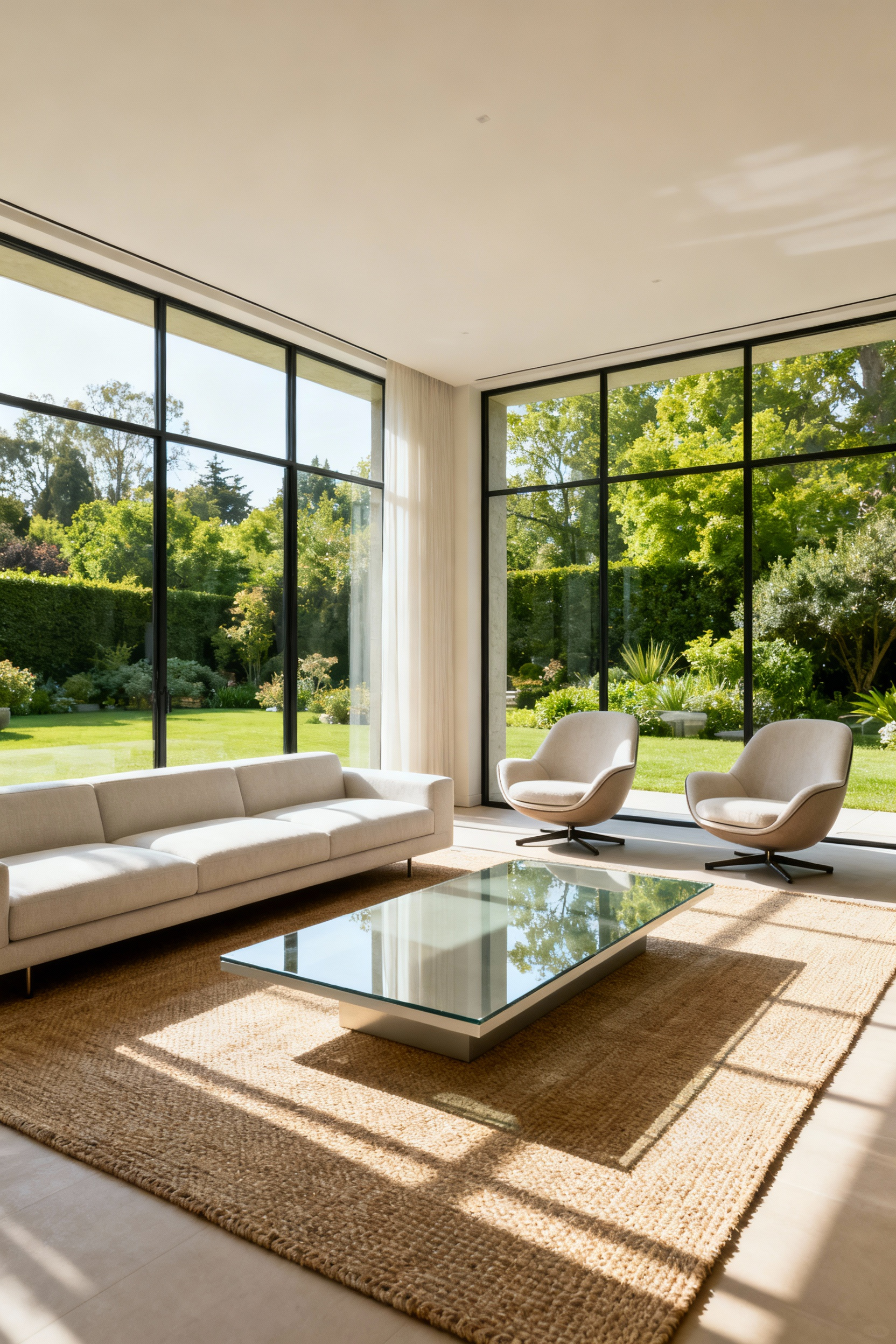 Living room with a large light grey sectional sofa positioned by expansive windows overlooking a lush garden, maximizing natural light and exterior views. A glass coffee table sits in front of the sofa, with two swivel armchairs flanking the window.