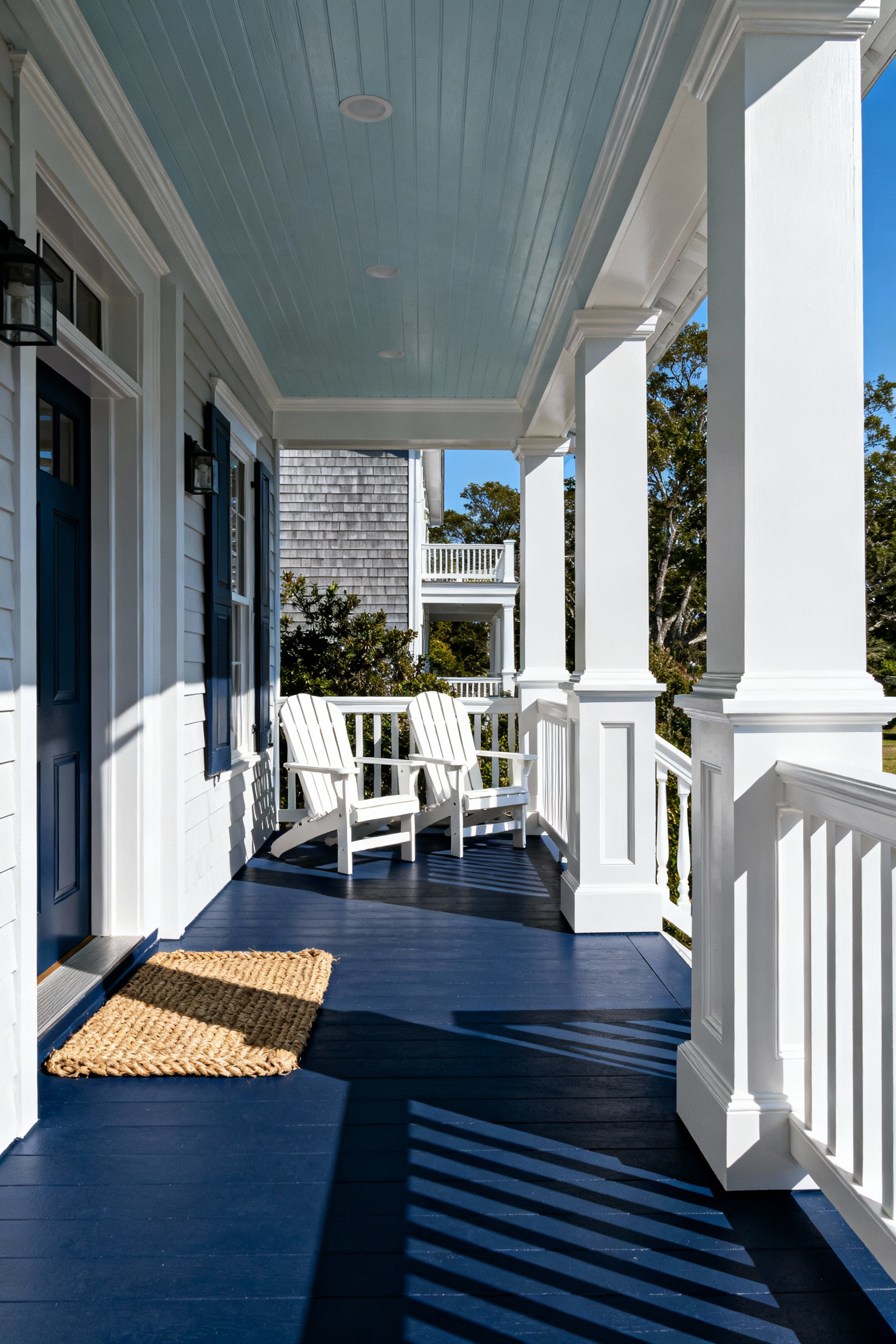 Navy blue porch floor with brilliant white railings and columns, illustrating a high-contrast nautical paint scheme for a sophisticated and durable outdoor space.