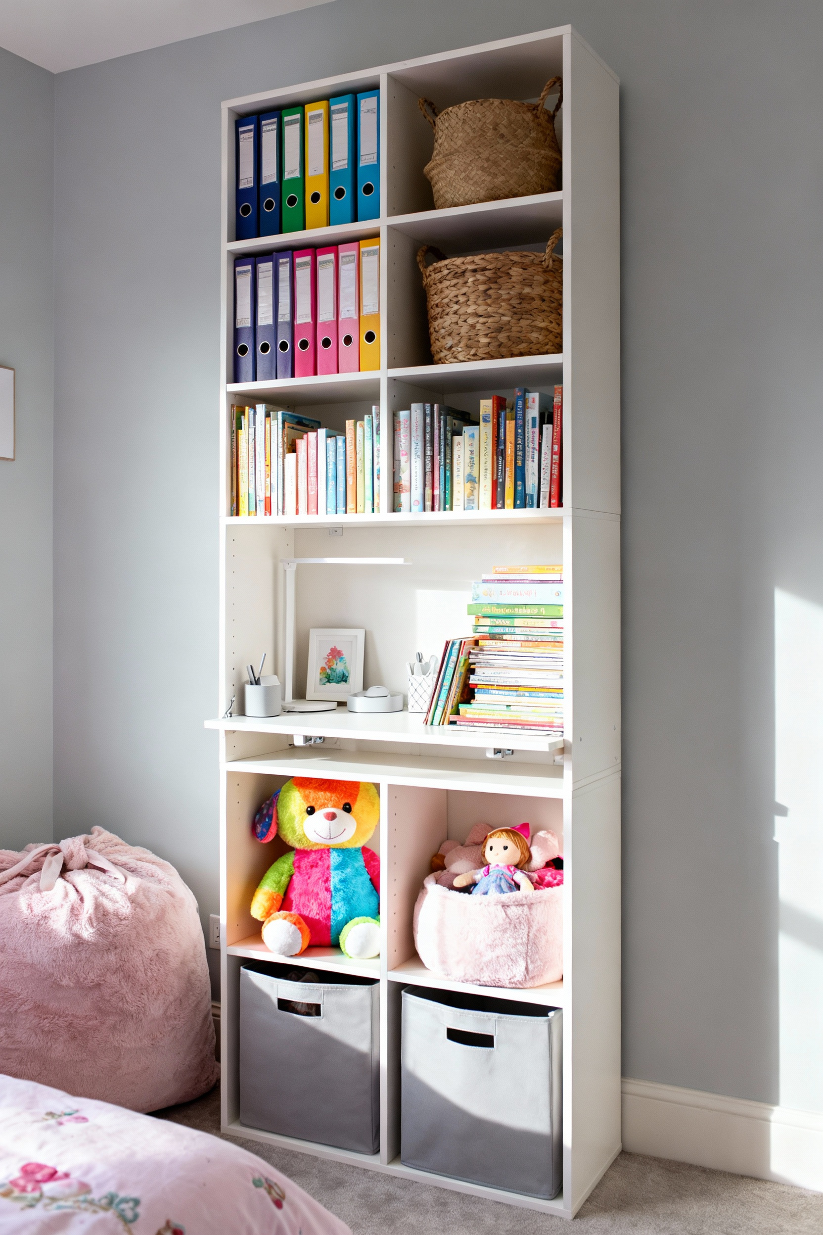 Tall white modular cube shelving system maximizing vertical space in a girl's bedroom, transitioning from storage for plush toys on the bottom shelves to textbooks and binders on the upper shelves.