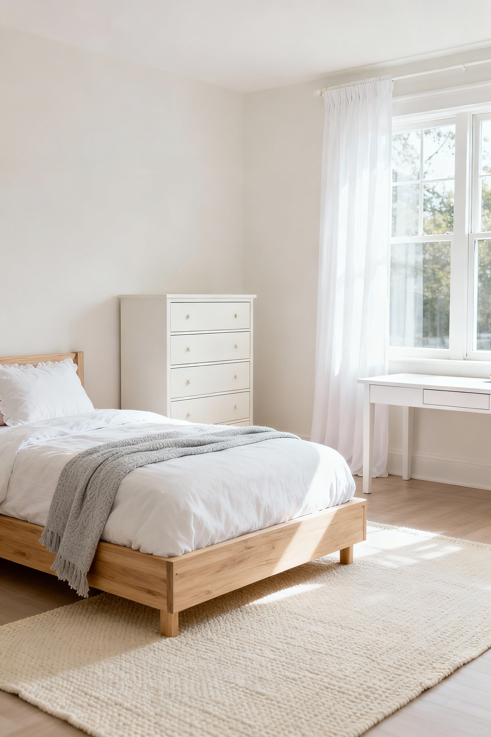 A bright girl's bedroom featuring timeless, neutral foundation furniture like a light oak bed frame and white dresser designed to reflect light and create a versatile, spacious interior.