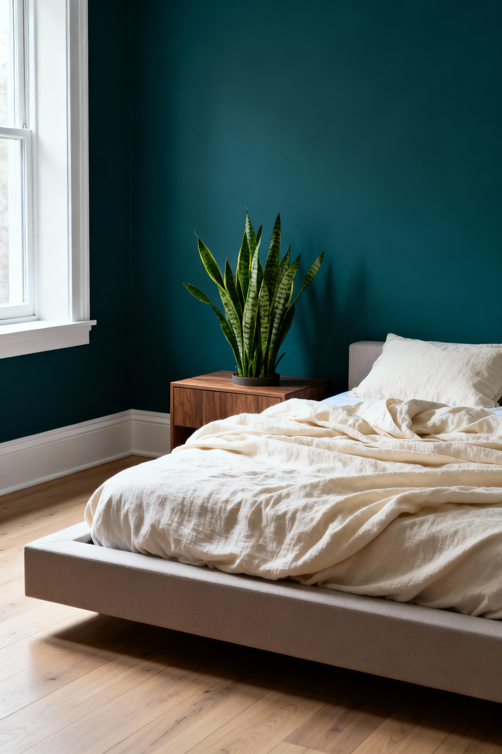 Saturated Oceanic Teal blue-green bedroom walls creating a calming environment, featuring light wood furniture, cream linen bedding, and biophilic elements from a large window.