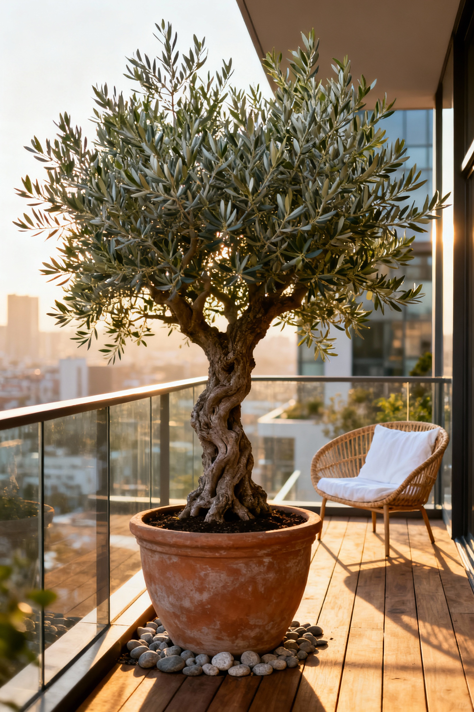 A mature potted olive tree with silvery-green foliage anchors a wooden-decked urban balcony, creating a biophilic sanctuary against a blurred cityscape background.