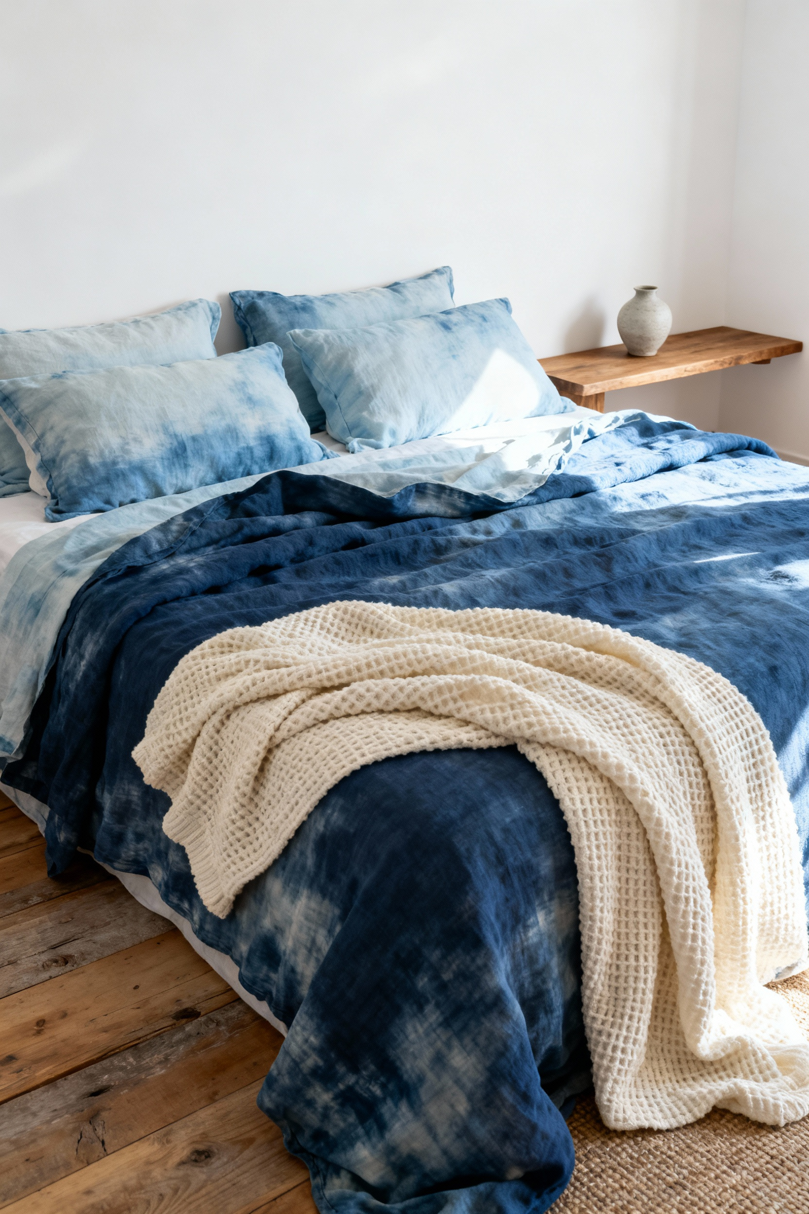 Layered indigo organic linen textiles on a bed in a bright, minimalist wellness-focused bedroom with natural wood accents.