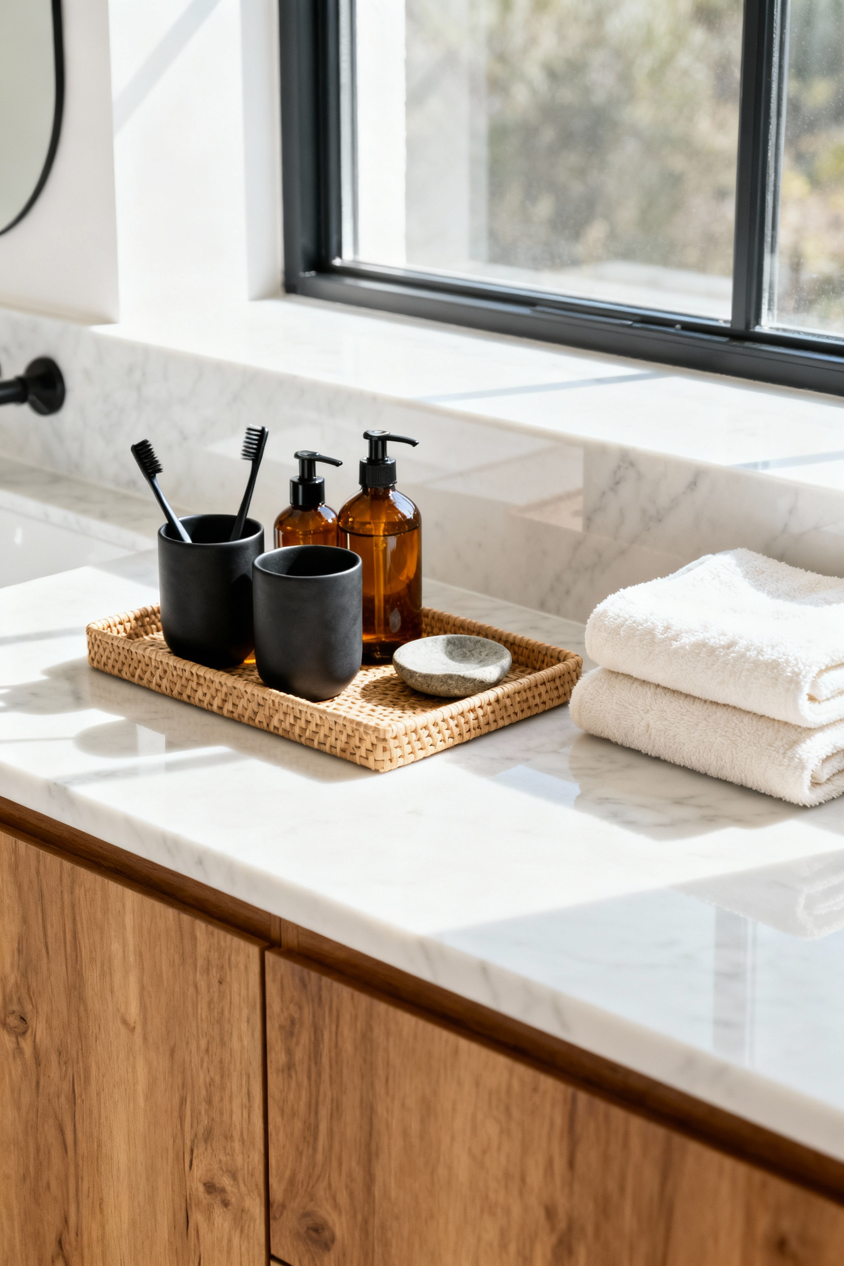 A tranquil, organized marble bathroom vanity showing coordinated amber glass and rattan bathroom accessories and neatly folded towels, emphasizing reduced visual clutter for nervous system regulation.