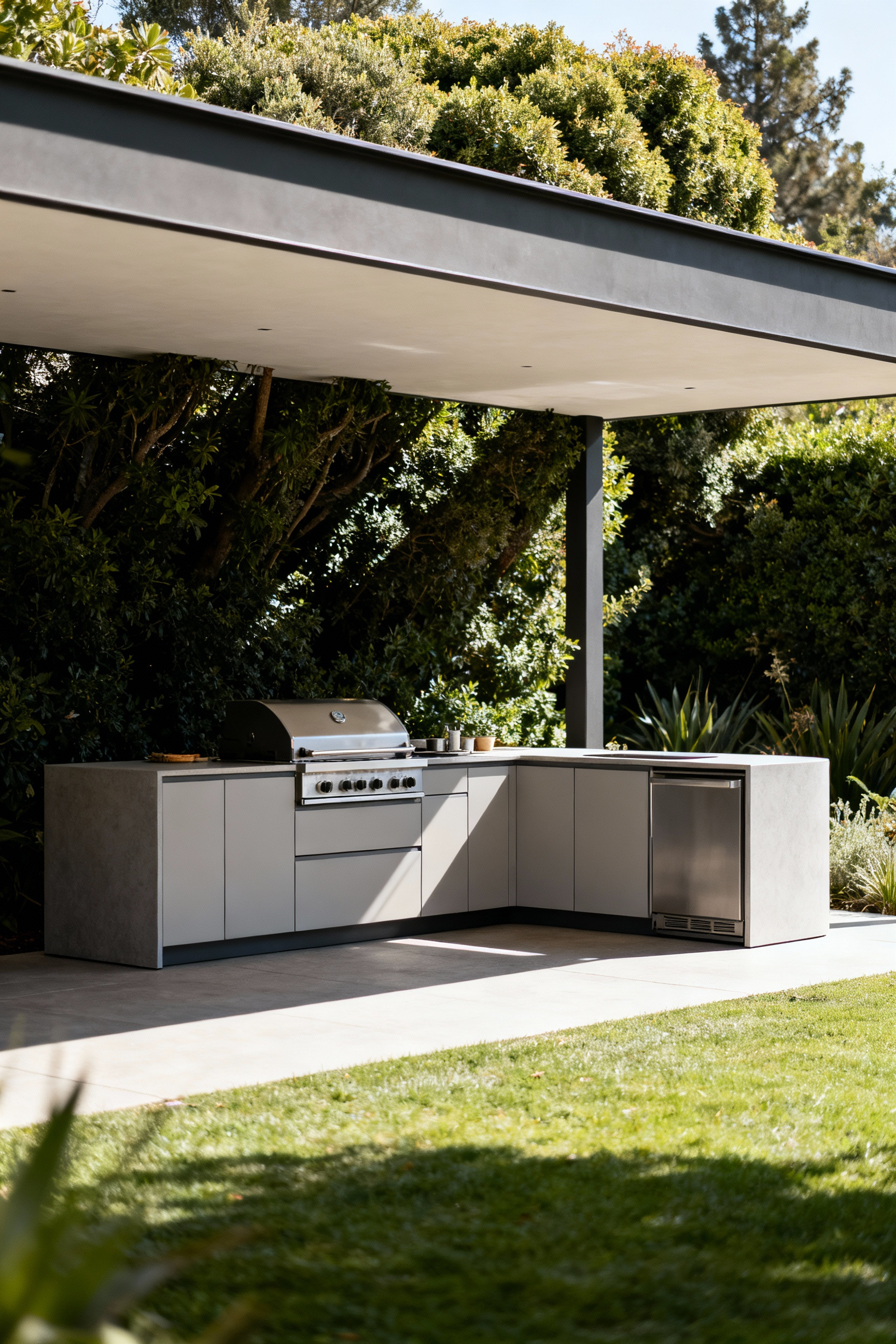 An elegantly designed outdoor kitchen showcasing strategic cabinet placement beneath a roof overhang and natural tree shade, highlighting protection and usability.