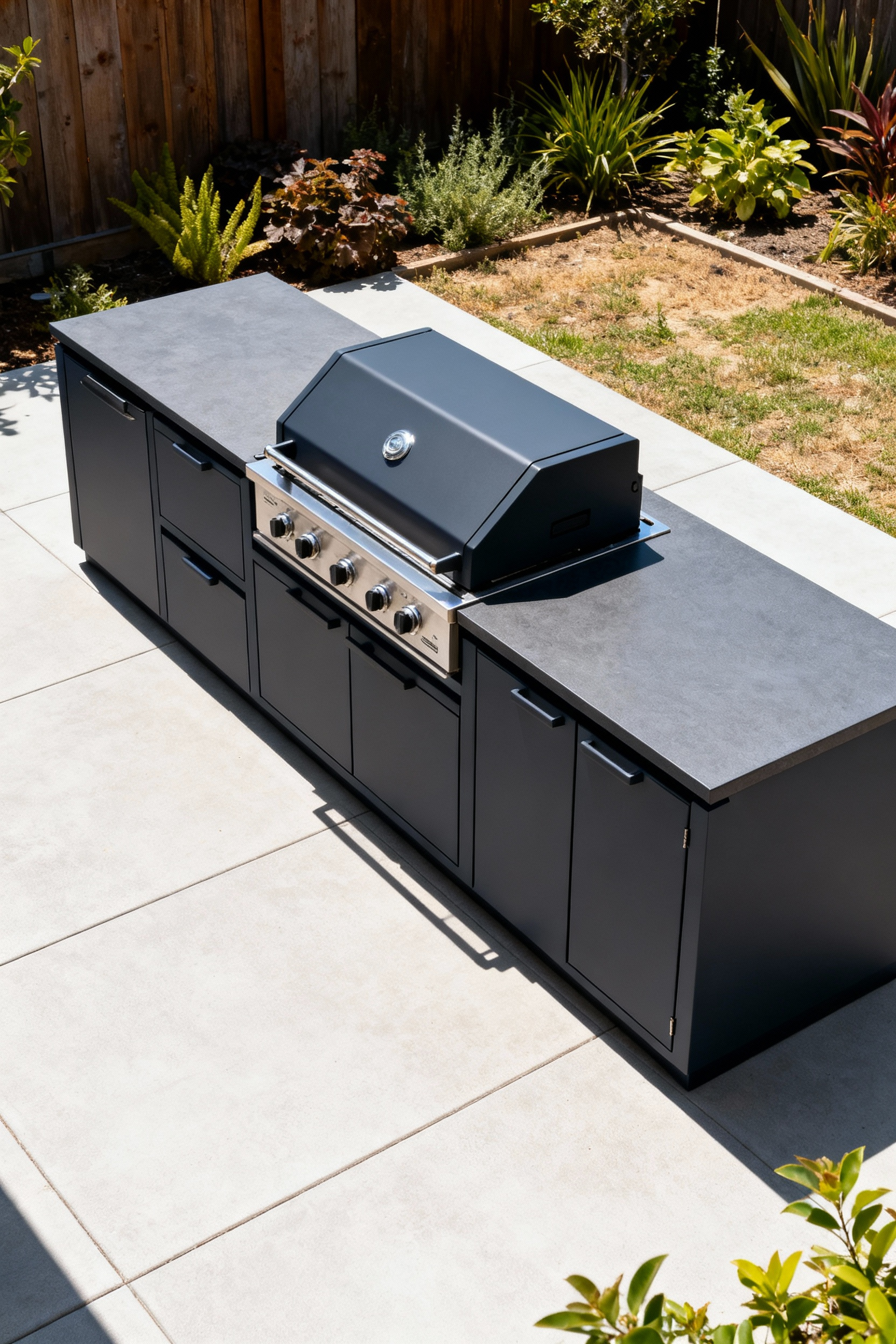 Durable outdoor kitchen cabinets made of marine-grade HDPE, integrated into a patio, showcasing resilience to sun and humidity, illustrating climate-optimized material selection.