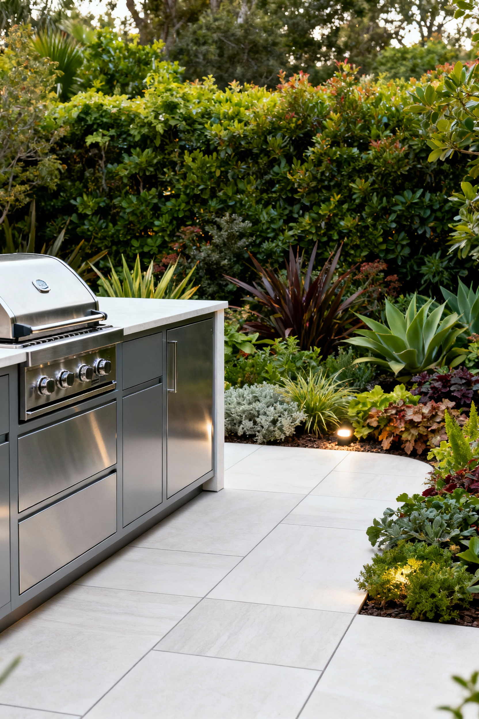 A professional image showing an outdoor kitchen with marine-grade polymer cabinets seamlessly integrated into a patio of large porcelain tiles and surrounded by lush green landscaping, demonstrating cohesive design.