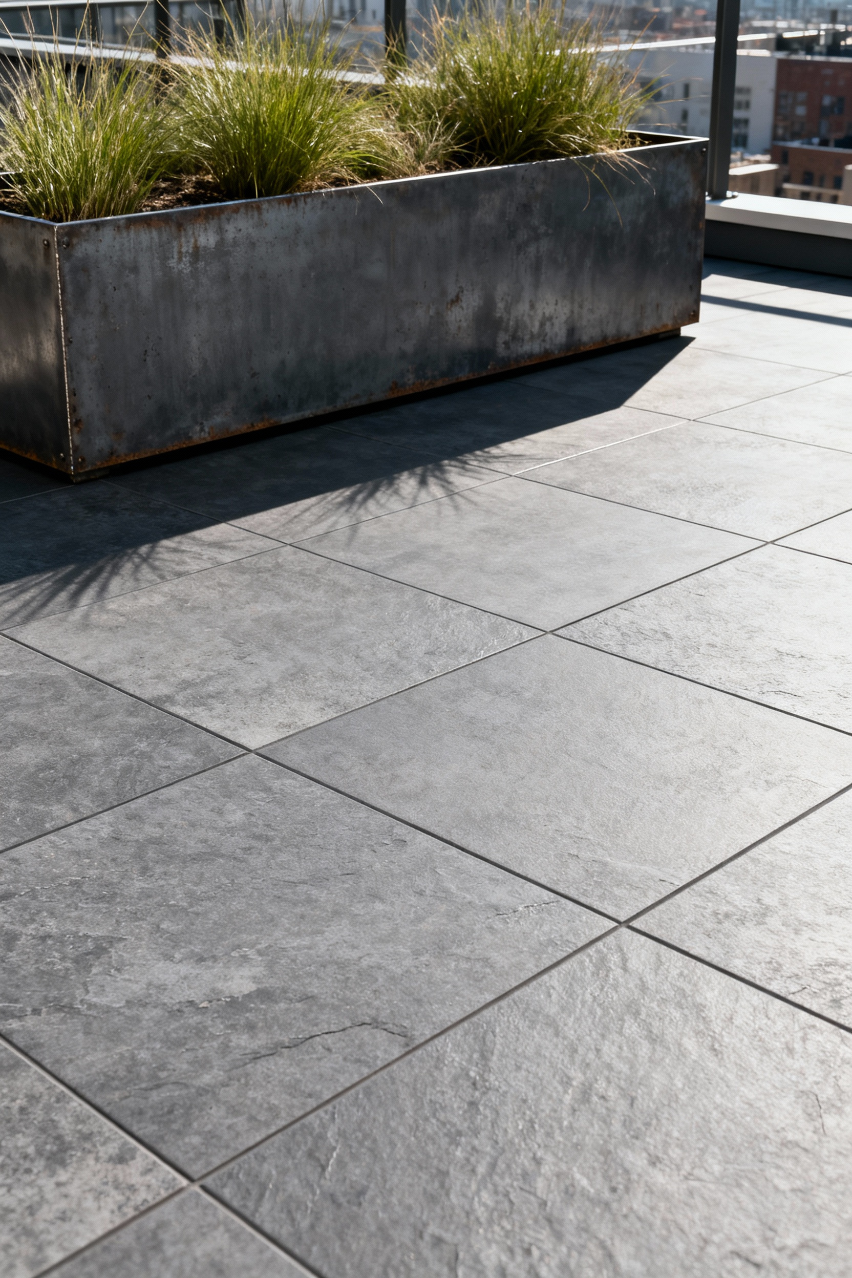 Architectural view of a minimalist balcony emphasizing the slate-gray, large-format outdoor porcelain stoneware tiles used as the foundational ground plane material, illustrating durability against external stresses like water and UV.