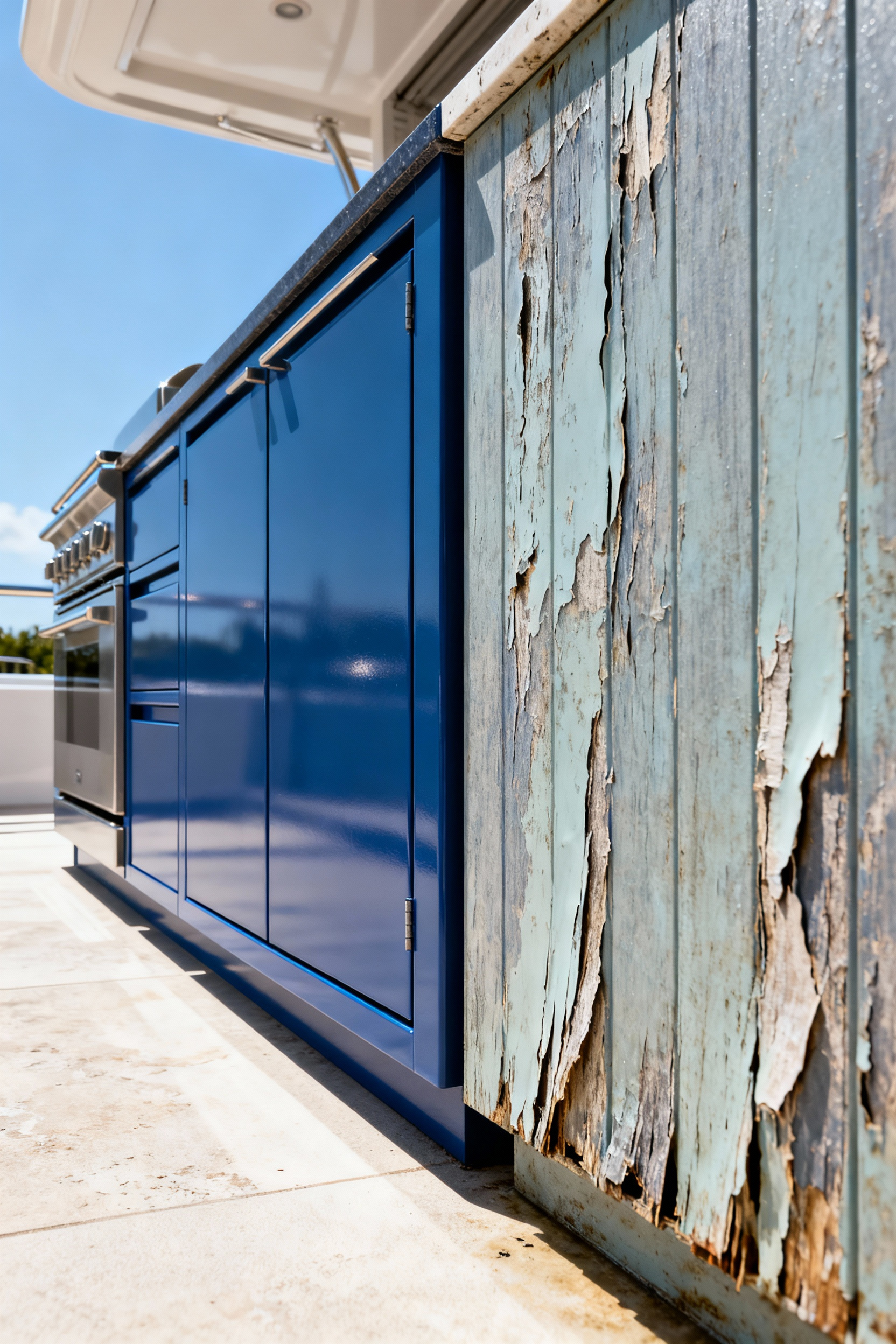 A visual comparison between a durable, pristine outdoor-rated cabinet and a severely damaged interior cabinet that has failed due to outdoor exposure, highlighting material integrity.