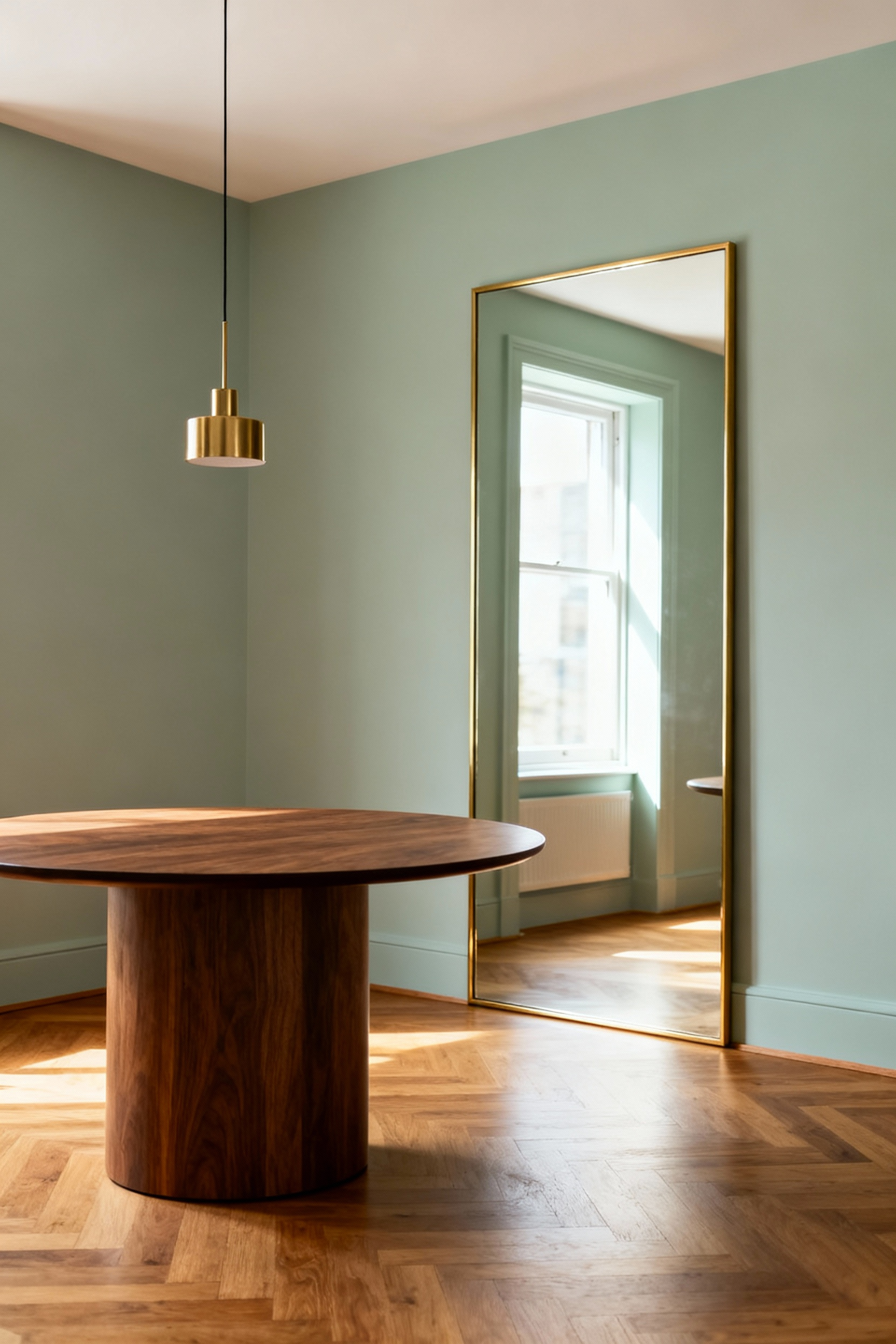 Small contemporary dining room with a round wooden table and three chairs, featuring a massive, oversized brass-framed mirror that reflects the light and creates the illusion of doubled space.