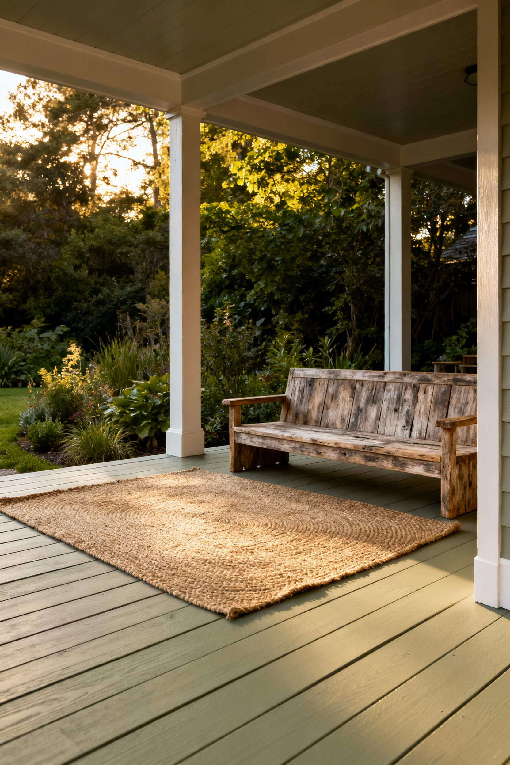 Weathered wooden porch floor painted in driftwood greige paint with subtle brown and green undertones, designed to camouflage dust and pollen.