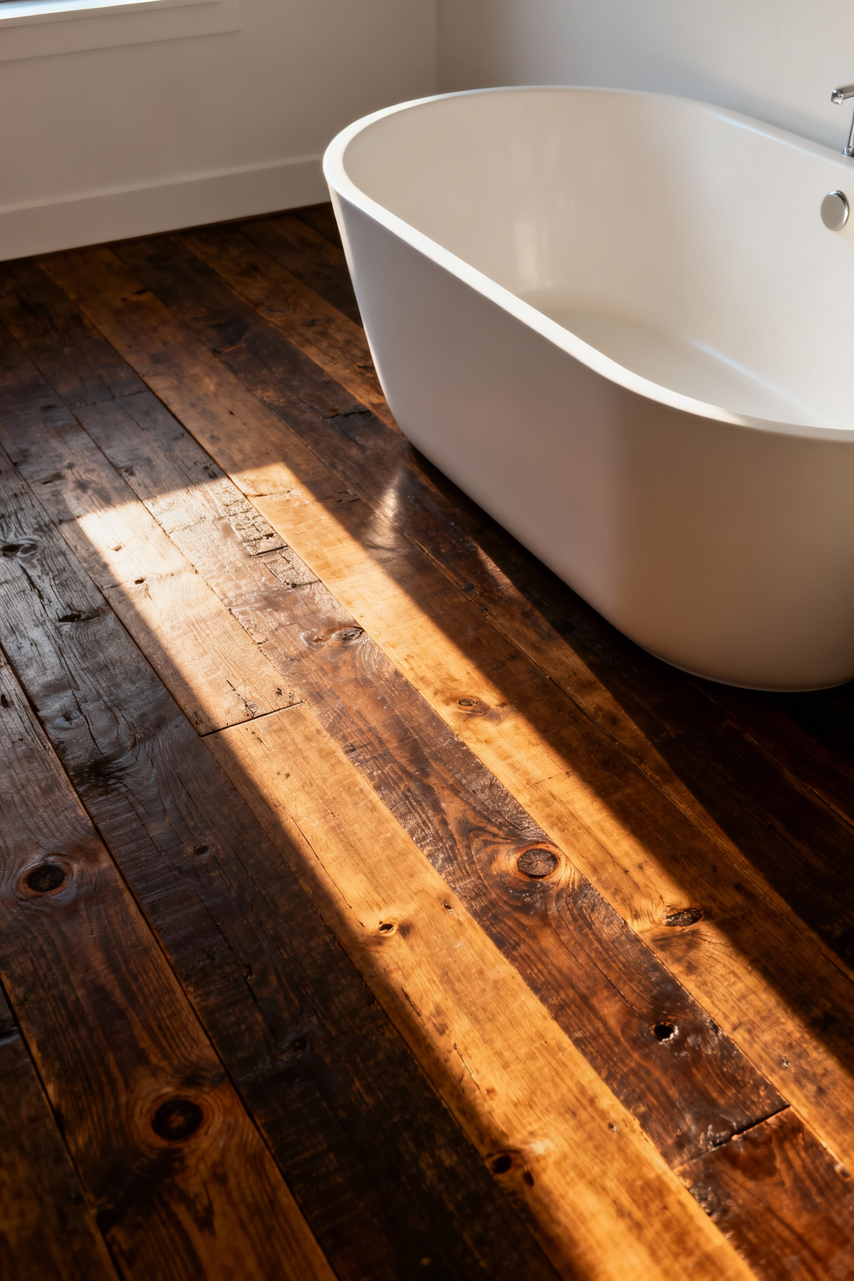 Luxurious rustic bathroom corner featuring wide, dark reclaimed barn wood floorboards and a sleek white freestanding bathtub, emphasizing the contrast between rough textures and modern design elements suggesting radiant floor heating.