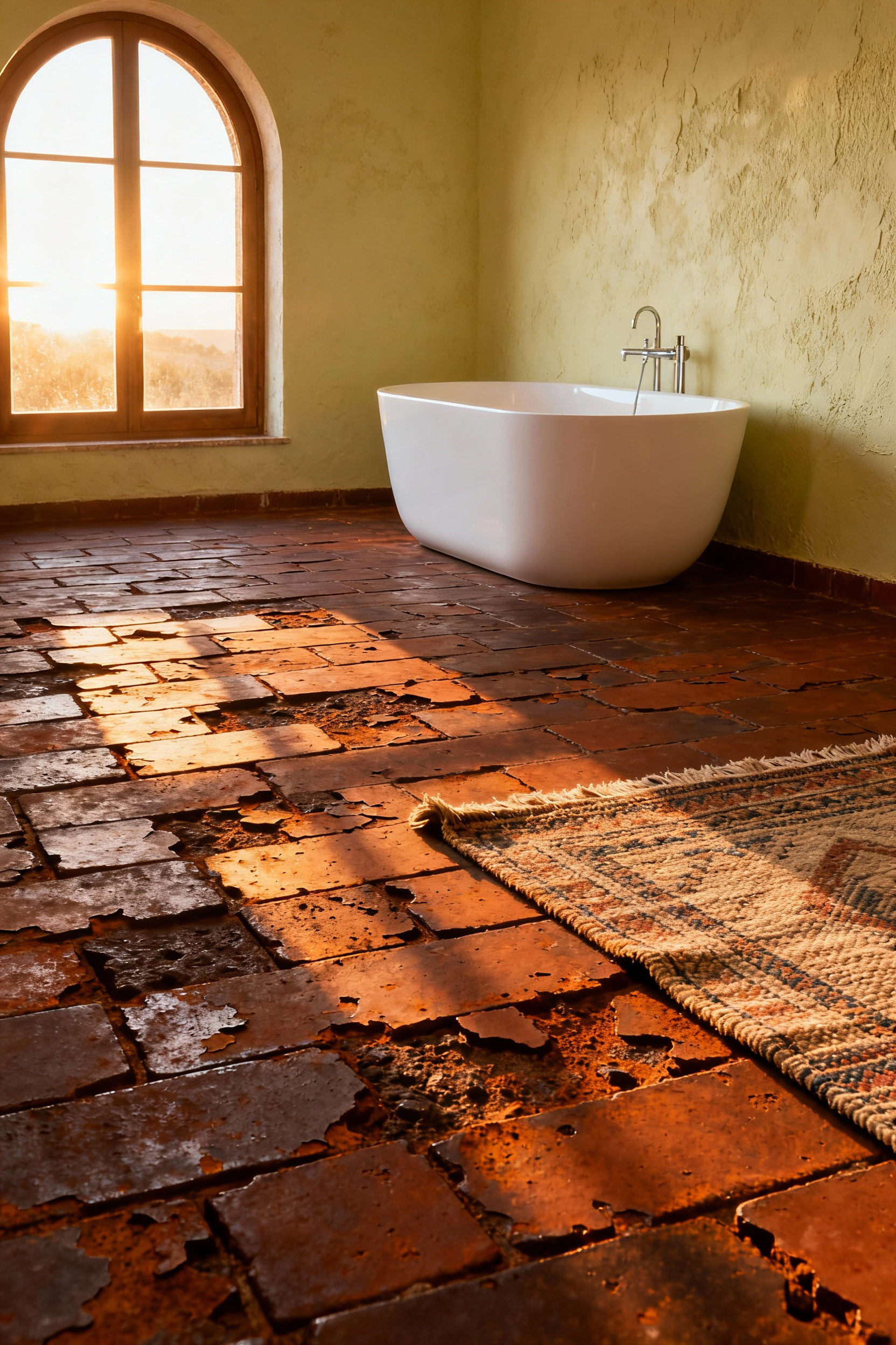 Rustic bathroom floor featuring dark, tumbled terracotta pavers heated by hidden radiant coils, set against a backdrop of a freestanding tub and reclaimed wood accents, illustrating the contrast between rough texture and hidden luxury.