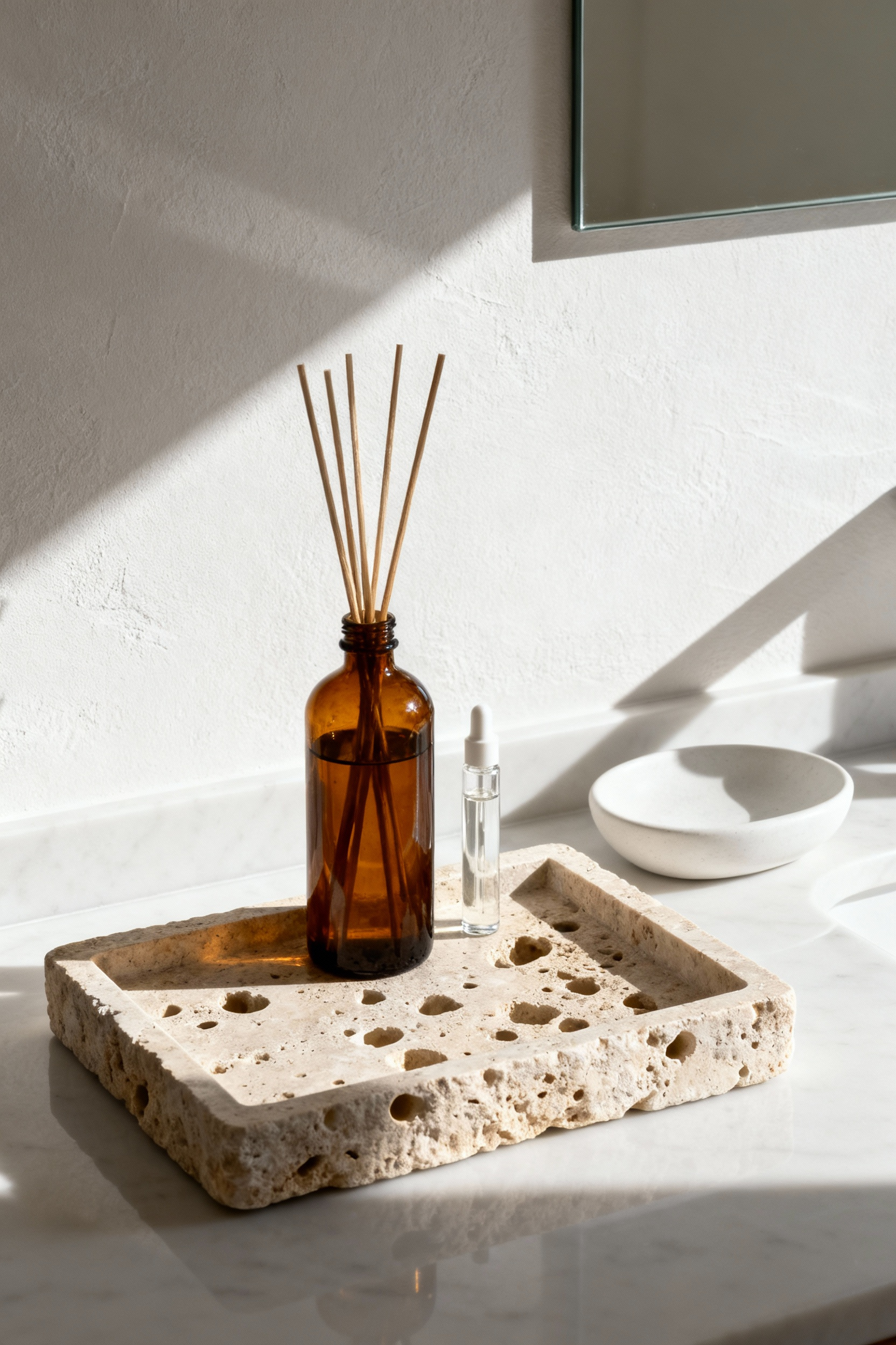 Raw, unfilled travertine tray holding minimalist toiletries and accessories on a modern bathroom vanity countertop, illustrating the concept of visual grounding.