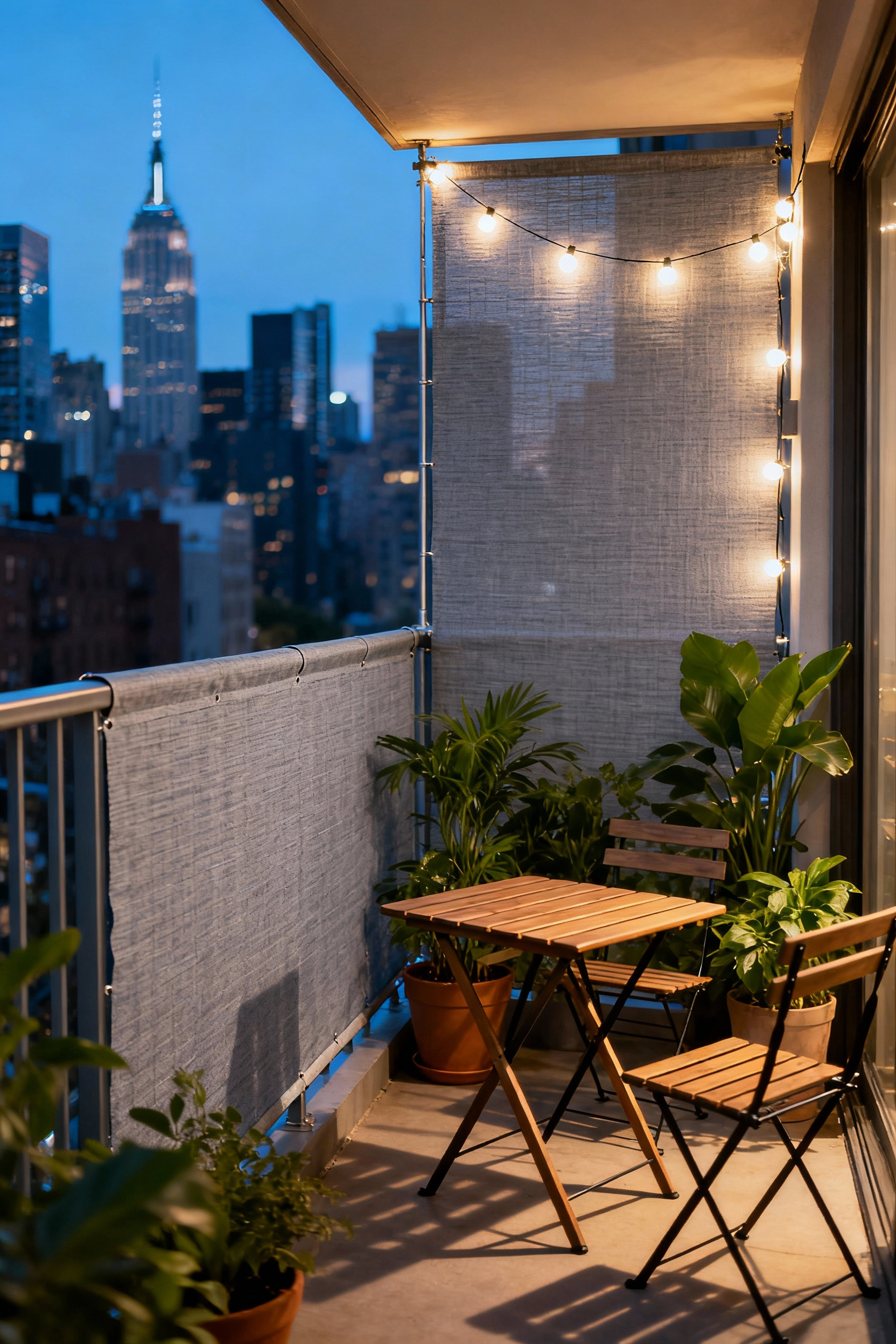A wide-angle view of a cozy city balcony enclosed by a light gray woven privacy screen, showcasing a private sanctuary defined by container plants and string lights, separating it from the dense urban background.