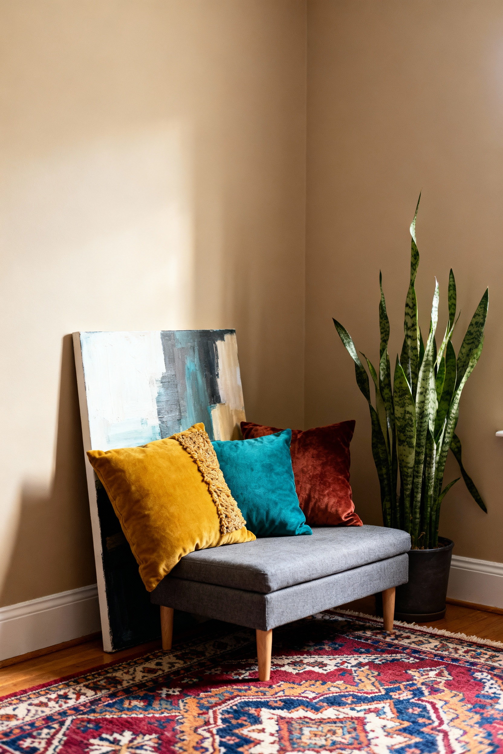 A photograph of a small rental apartment living room with beige walls, showcasing strategic non-permanent decorating ideas including a vibrant patterned area rug, colorful pillows, and large leaned artwork.