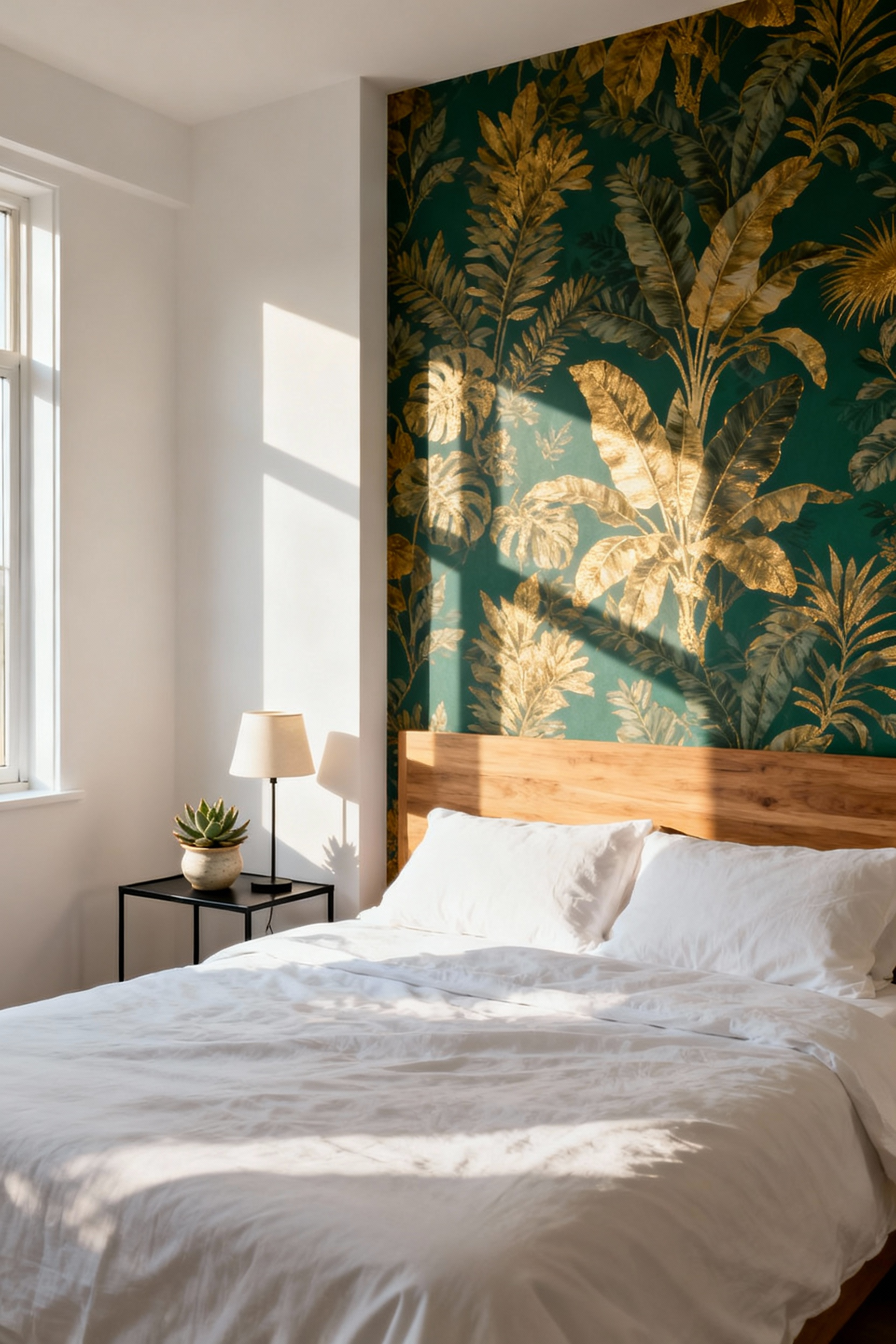 A modern bedroom featuring a queen bed centered against an accent wall covered in removable peel-and-stick botanical wallpaper. The lighting is bright daylight.