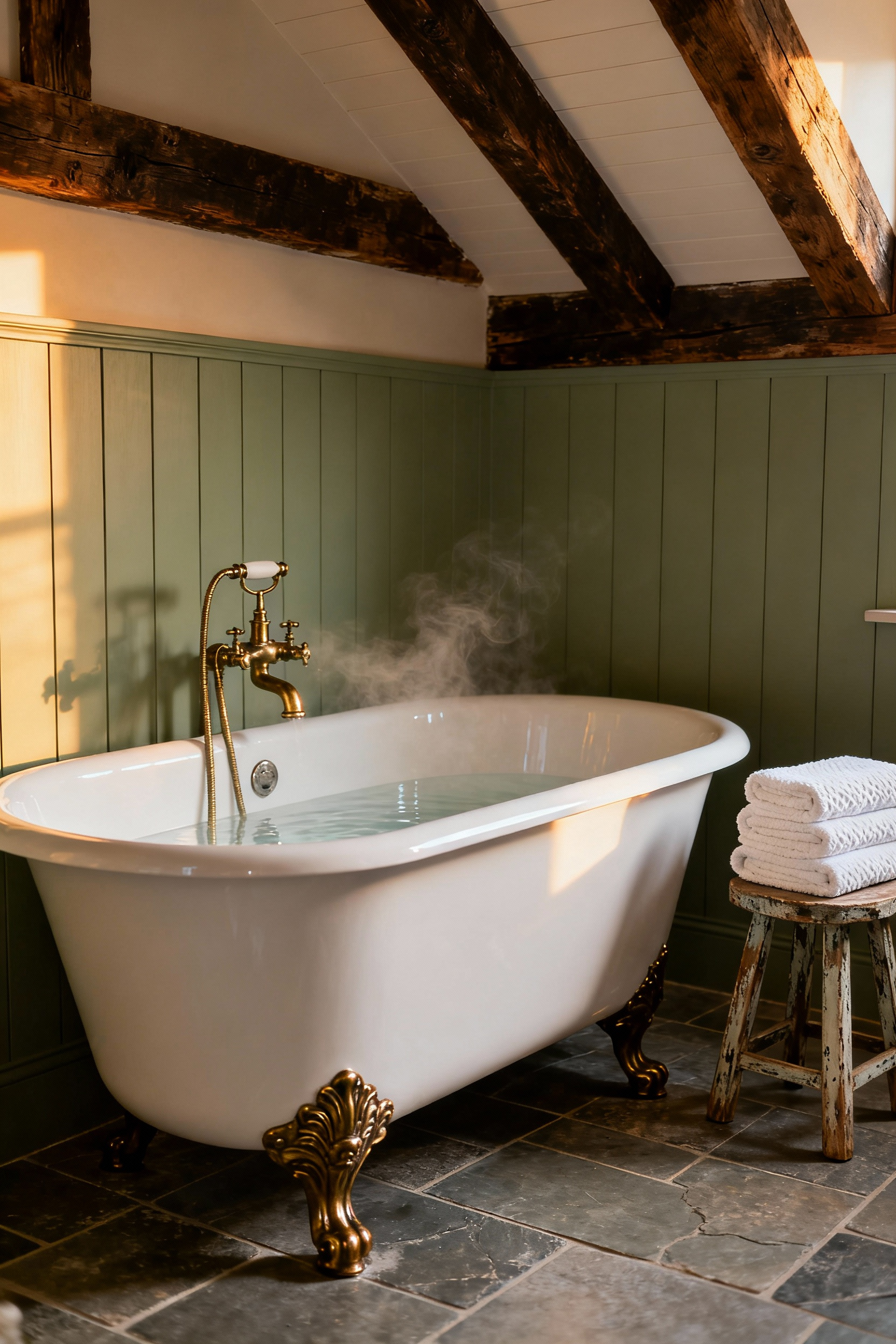 A restored vintage cast iron clawfoot tub in a rustic farmhouse bathroom setting, showcasing its heavy thermal mass and classic design.