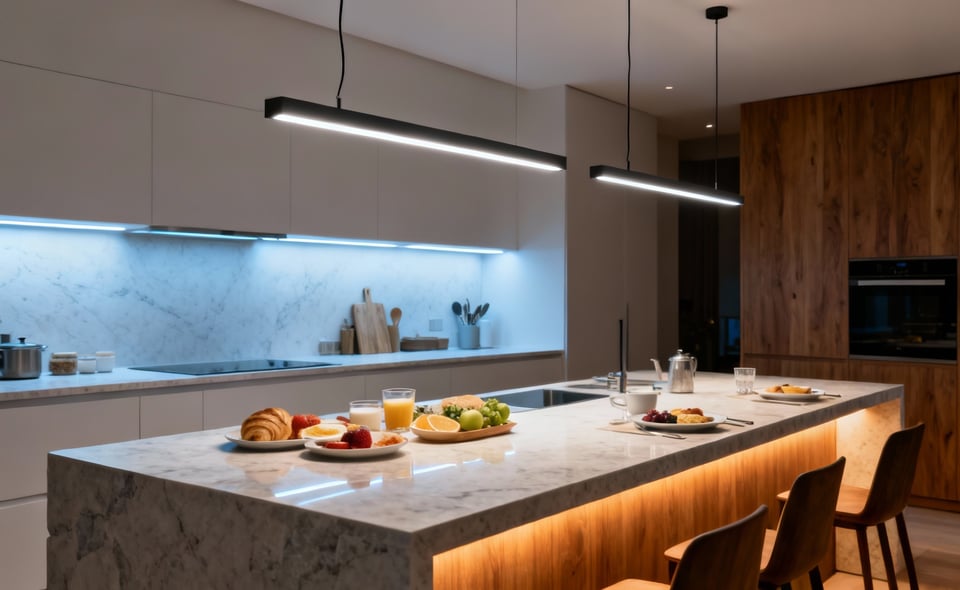 Modern kitchen island with dynamic tunable white circadian lighting transitioning from bright cool to warm soft light, featuring pendant lights and under-counter LEDs over natural stone and wood surfaces.