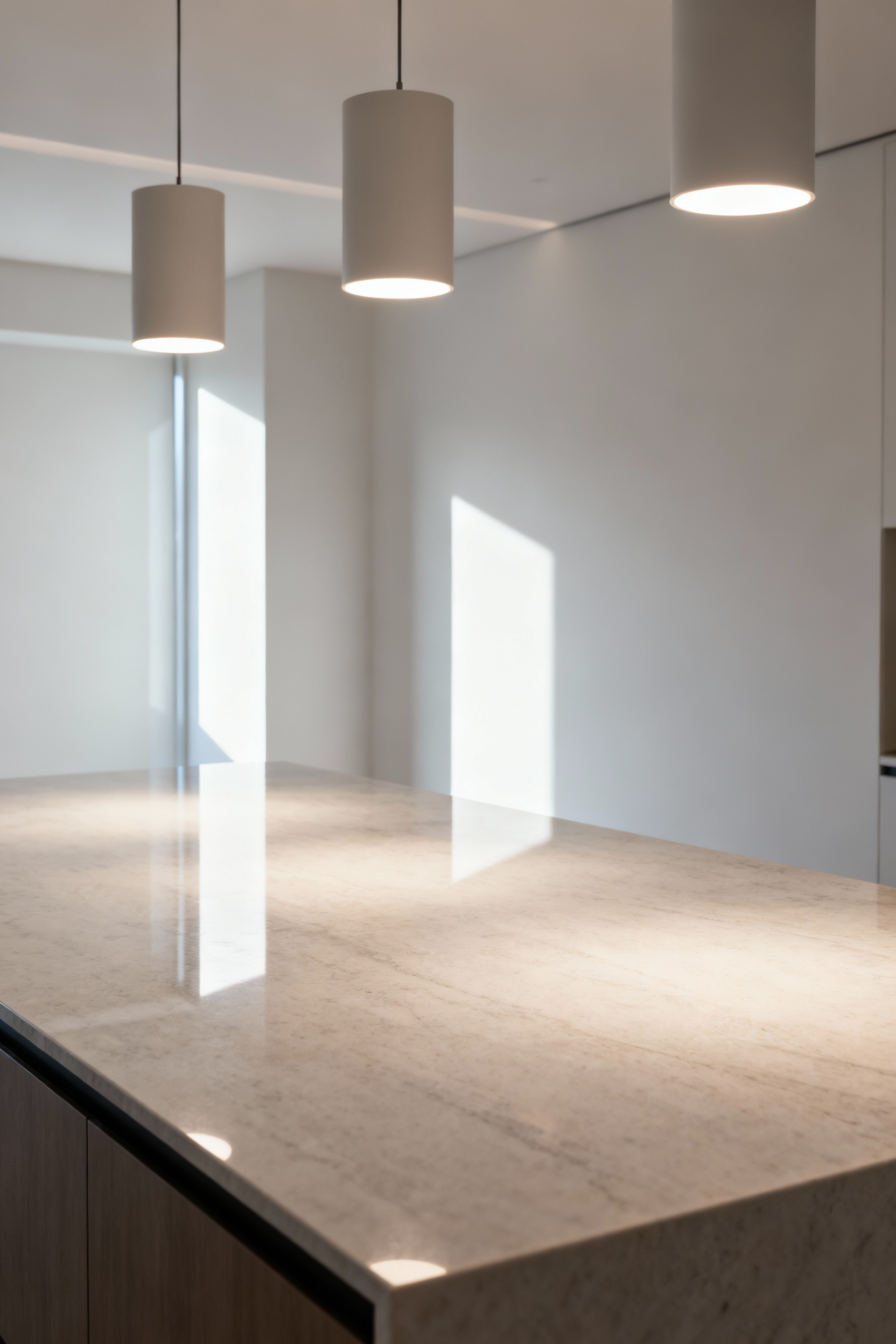 Modern kitchen island with three perfectly spaced pendant lights ensuring uniform illumination and sophisticated aesthetic appeal, clean lines, no visible people.