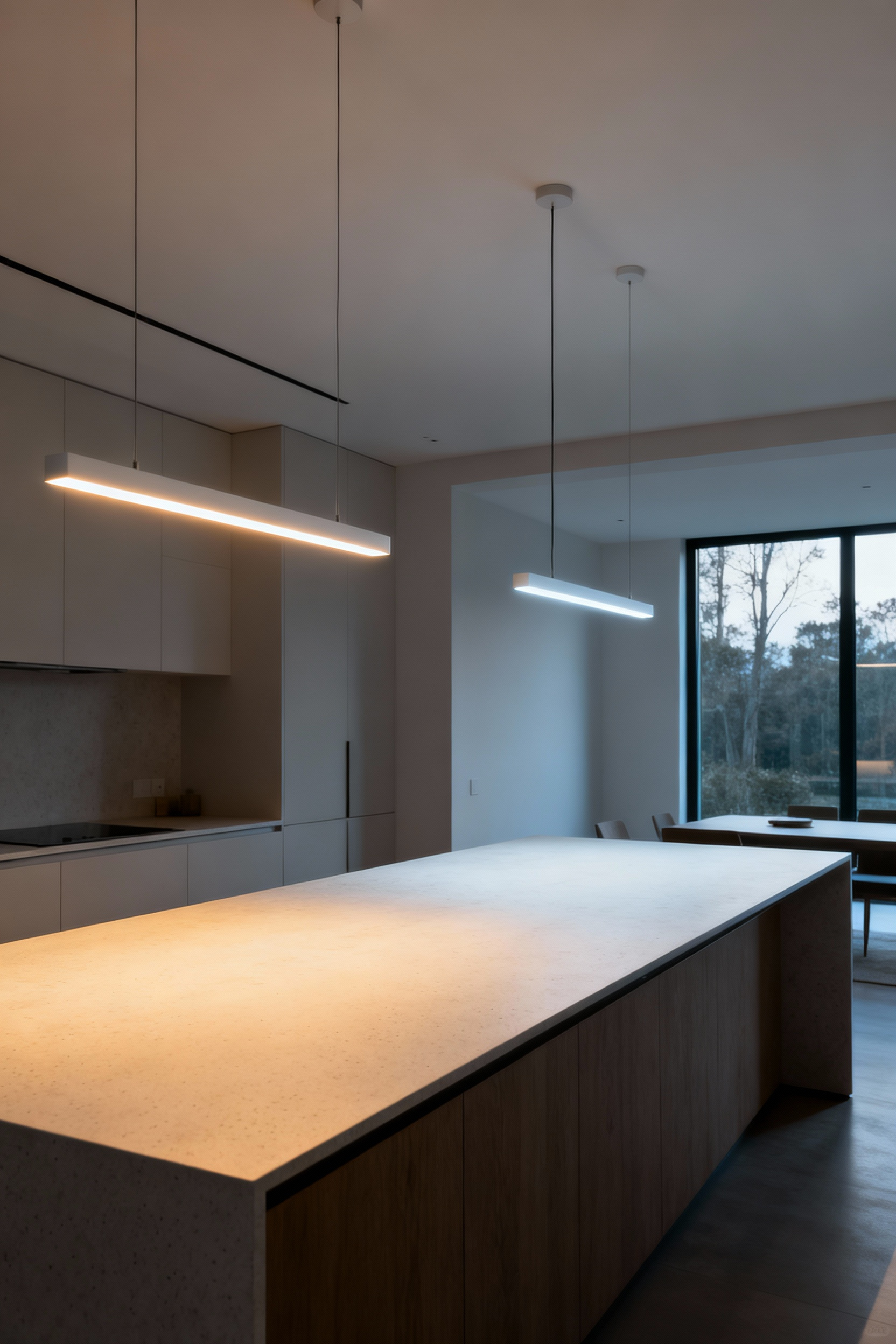 Modern kitchen island with sophisticated, tunable LED pendant lighting demonstrating varied light temperatures to create distinct mood zones, enhancing spatial psychology and emotional resonance.