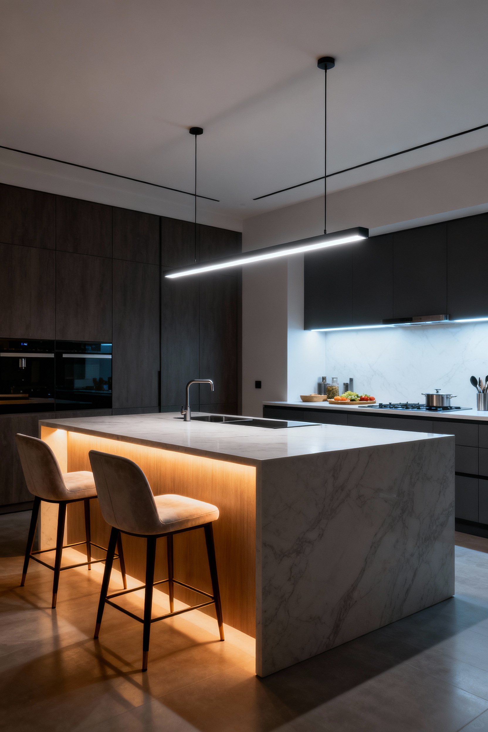 A modern kitchen island illuminated with tunable white LED lighting demonstrating the flexibility of Correlated Color Temperature (CCT), ranging from warm to cool light to suit different moods and tasks.