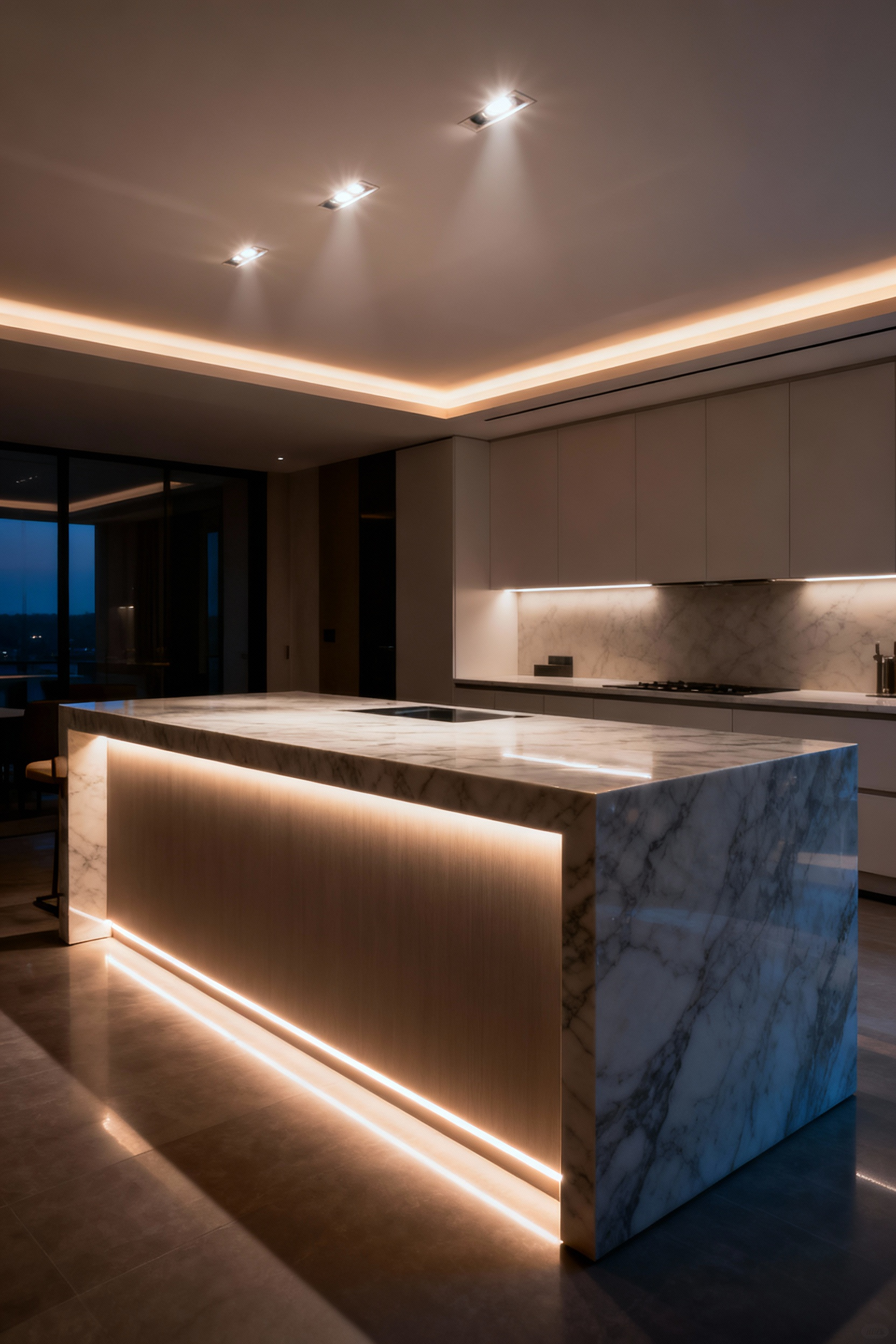 Modern kitchen island featuring multi-layered lighting, with task-specific downlights illuminating the counter and soft diffused ambient light from cove and under-island LEDs, creating a functional and inviting atmosphere.