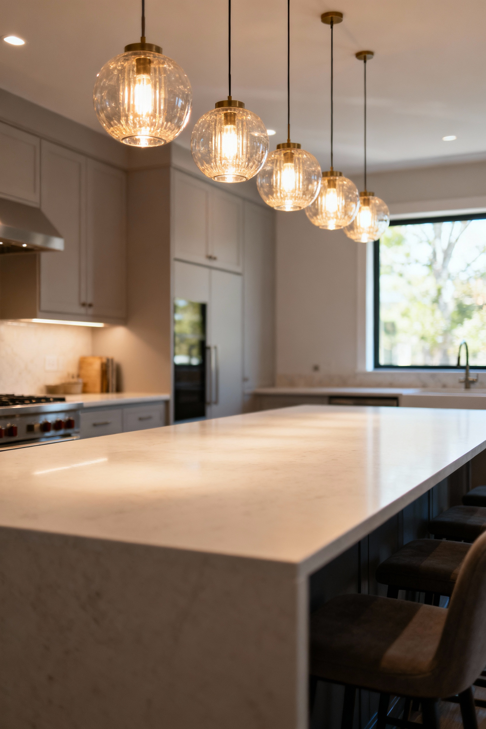 Elegant kitchen island with properly mounted pendant lights, demonstrating ideal kitchen island lighting height for clear views and even light distribution.
