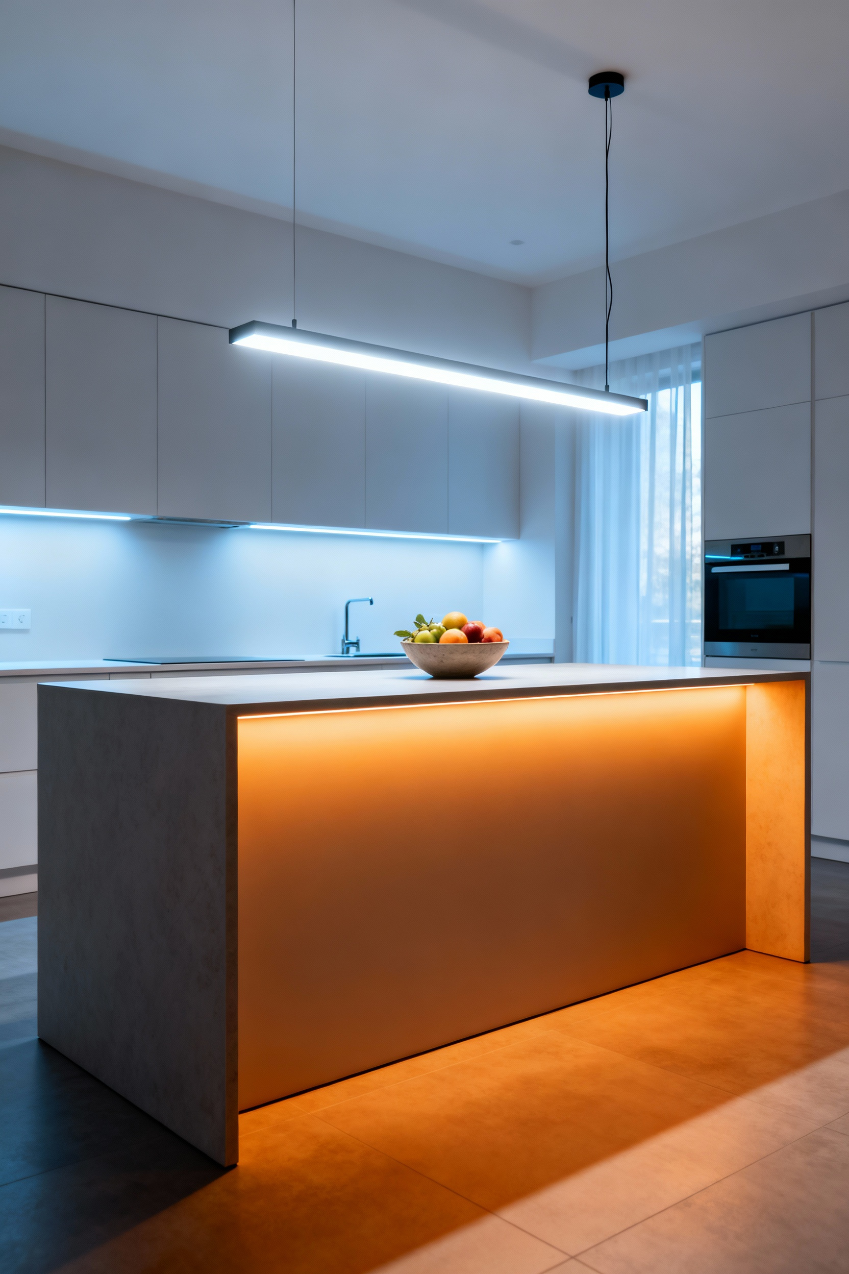 Modern kitchen island showcasing dynamic intelligent lighting, transitioning from bright cool white for tasks to warm amber for ambiance, emphasizing versatile dimming and scene recall features.
