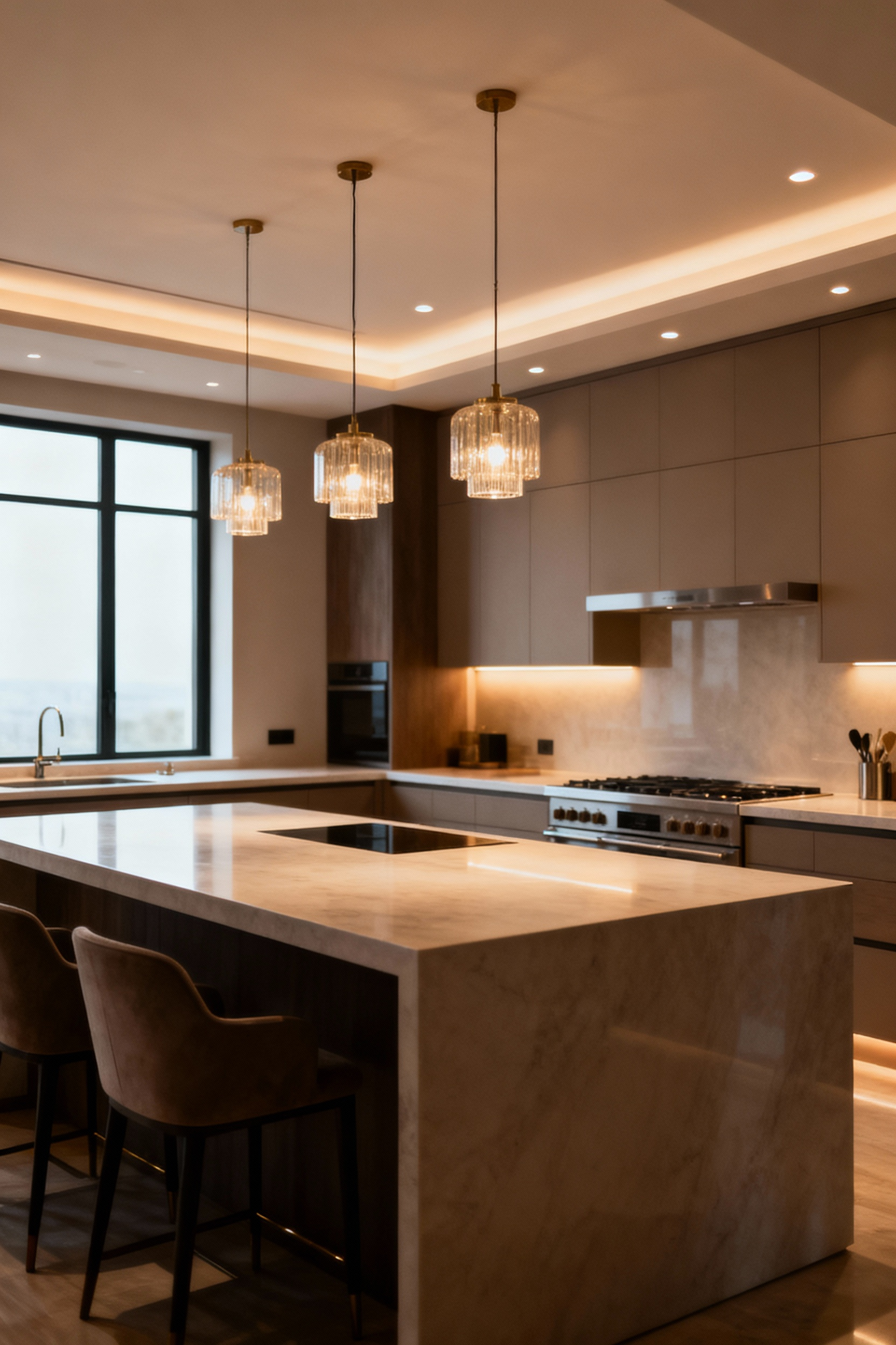 Modern kitchen with harmonized island lighting and integrated overhead, task, and natural light sources for a holistic design.