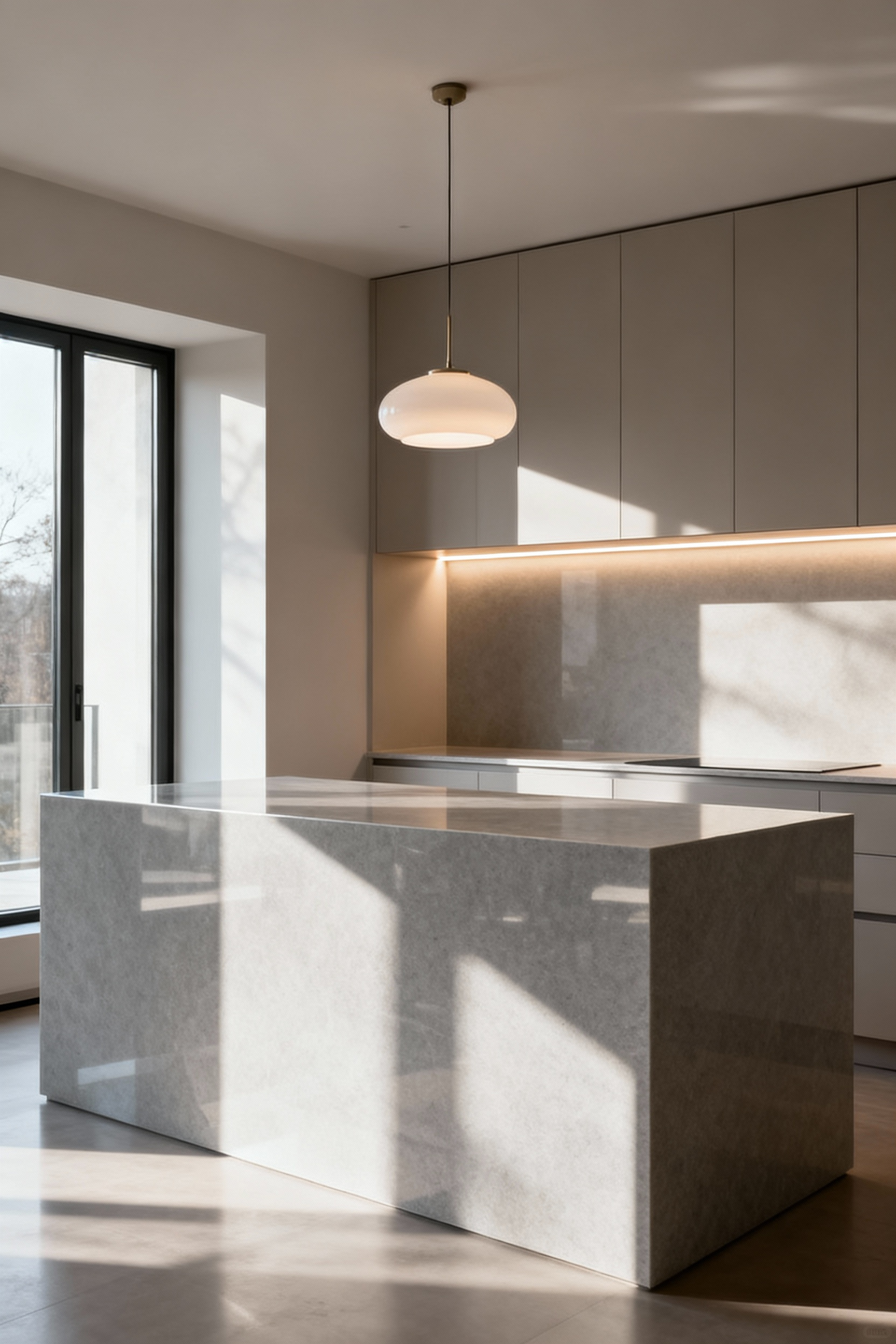 Elegant kitchen island with refined lighting demonstrating optimal reflectance values and ambient light, showcasing smooth surfaces and balanced illumination.