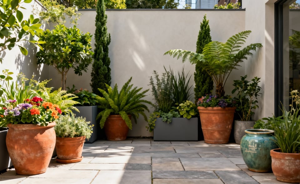 A beautifully arranged collection of potted greenery on an outdoor patio, showing various sizes, types, and colors of plants in diverse containers, enhancing a modern backyard setting.