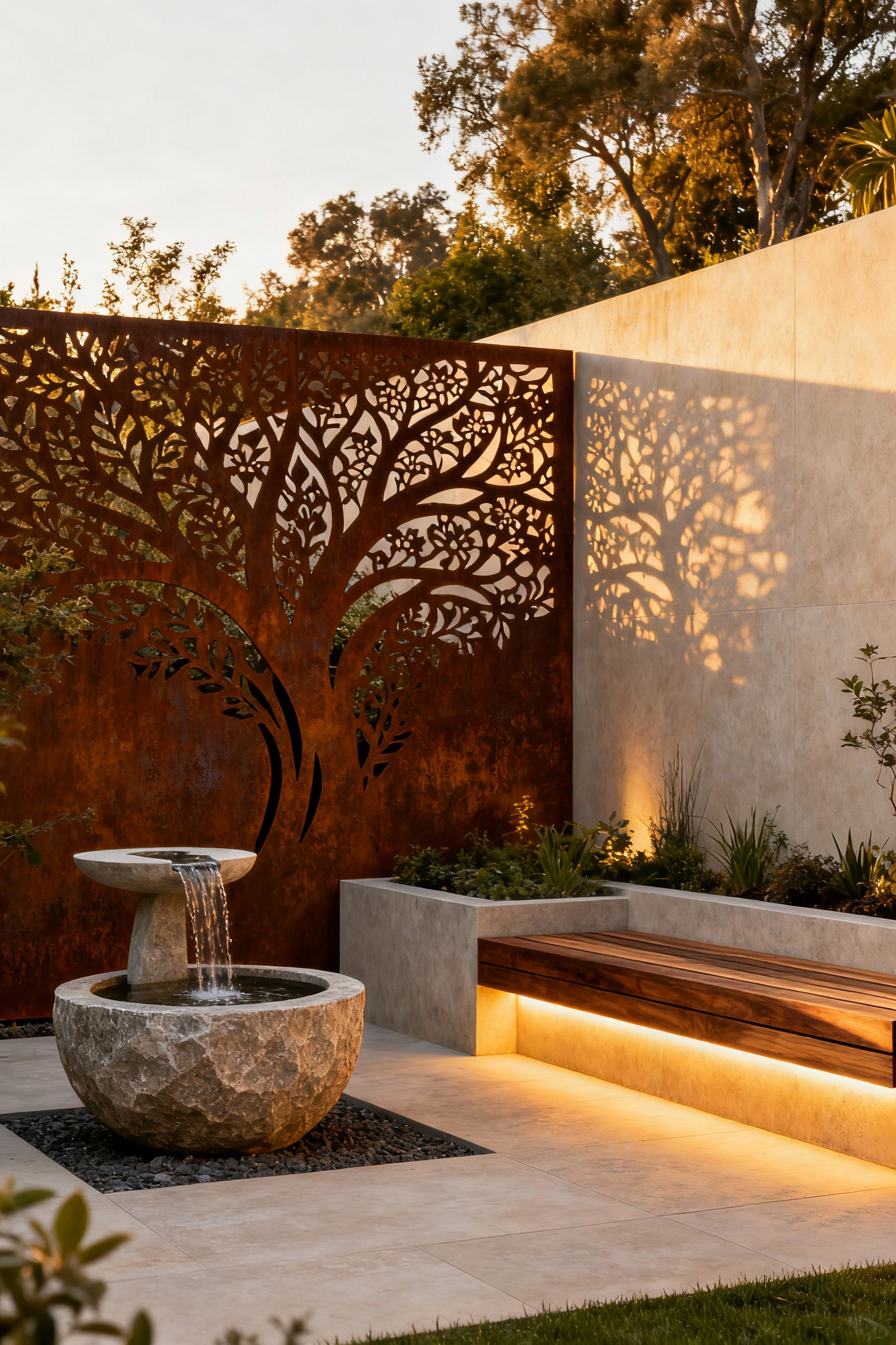 Bespoke artisanal fabrication for unique outdoor furnishings, custom corten steel sculpture, and water feature in a modern backyard.