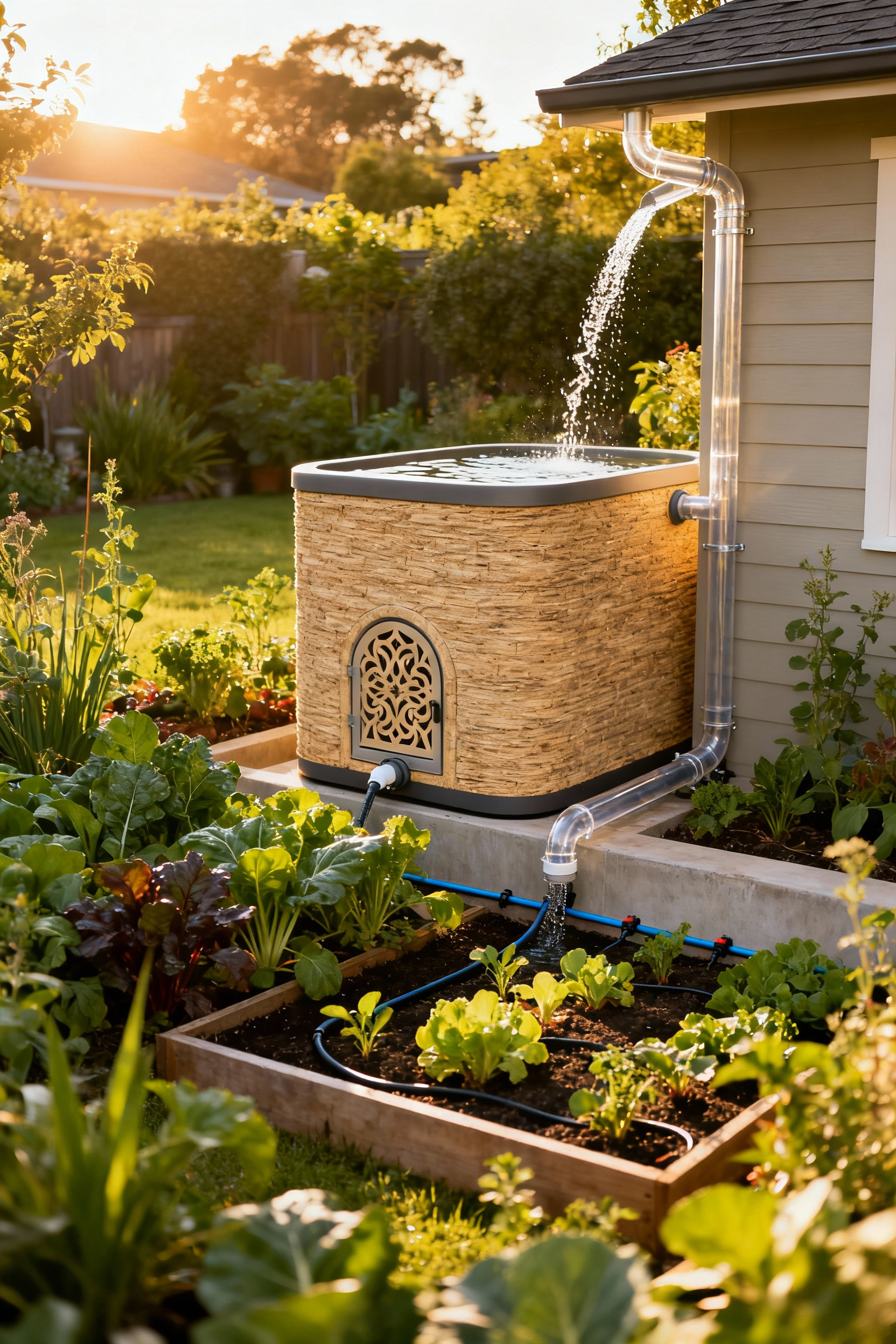 A beautifully integrated rainwater harvesting system featuring an elegant cistern and drip irrigation nourishing a vibrant backyard garden.
