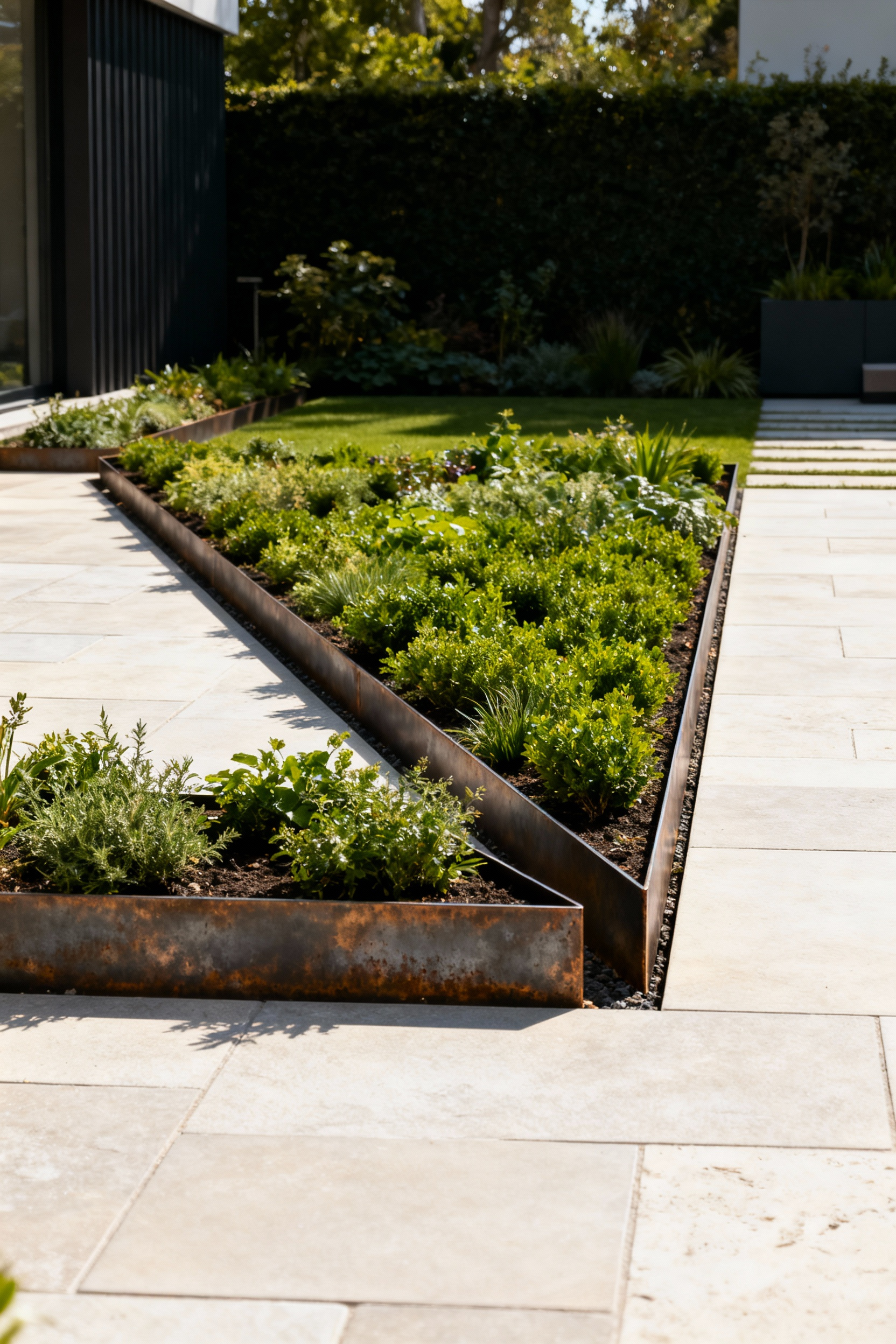 A meticulously designed modern backyard showcasing a raised garden bed with sleek dark metal edging, cleanly separating vibrant green plants and decorative pebbles from a grey paver patio. The scene emphasizes sophisticated structural clarity and organization in an outdoor living space, free of people.