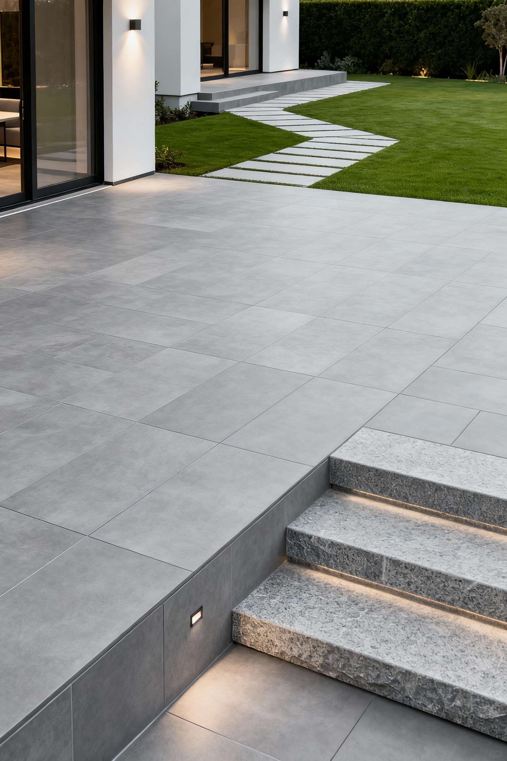 A modern backyard patio with large-format grey porcelain pavers and natural stone steps, showcasing architectural-grade hardscaping for superior durability and aesthetic appeal.