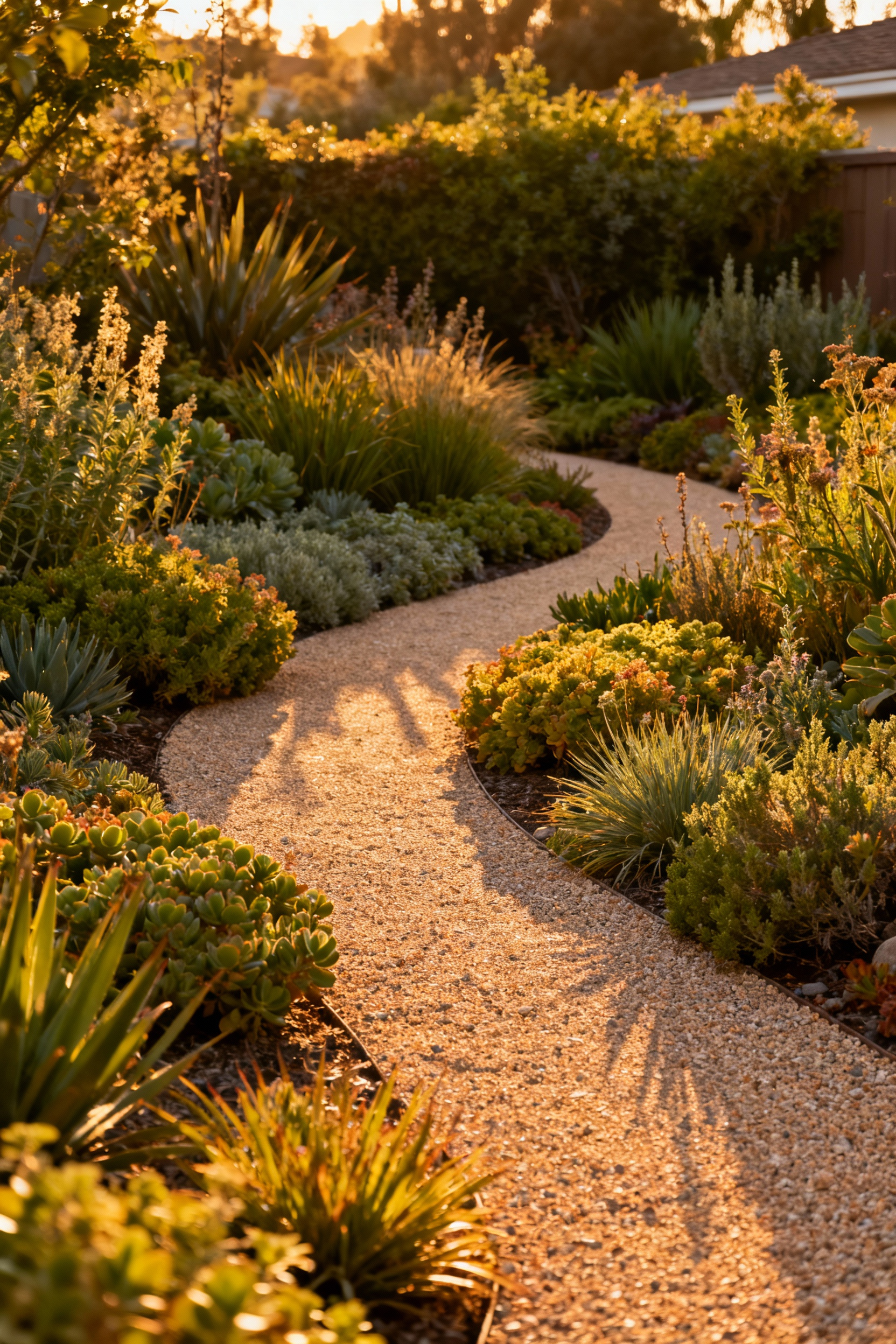 Vibrant backyard garden featuring drought-tolerant native plants, permeable pathways, and lush, low-water foliage under golden hour sunlight.