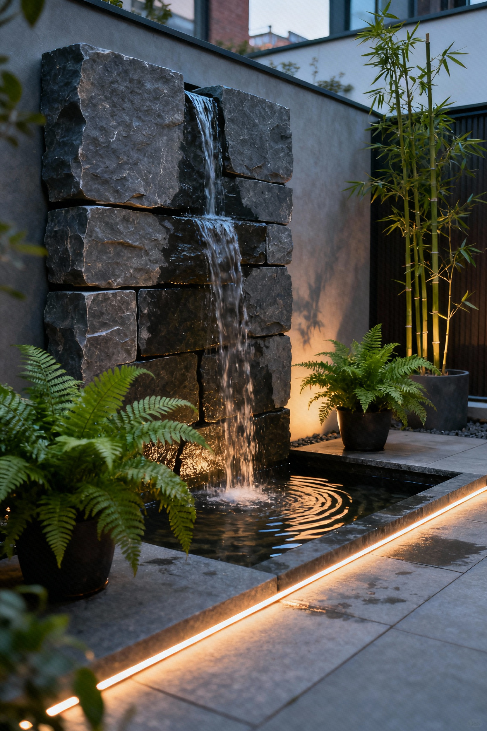 A modern stacked slate water wall, subtly lit by warm LEDs at dusk, serving as a tranquil focal point in a lush urban courtyard, creating a serene auditory ambiance.