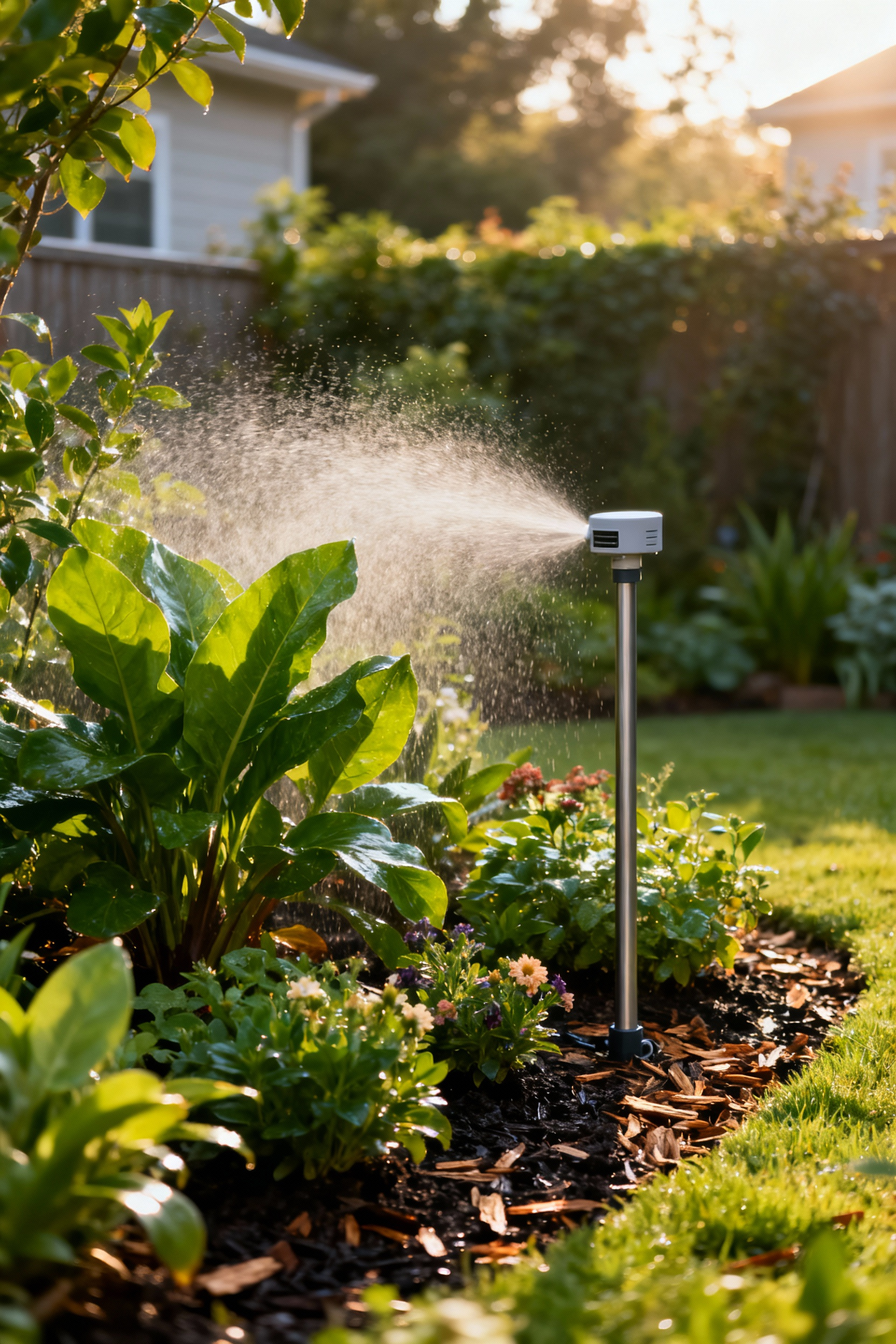 A professional photo of a backyard garden featuring a smart irrigation system with a weather sensor among lush green plants, efficiently watering a flower bed in morning light.