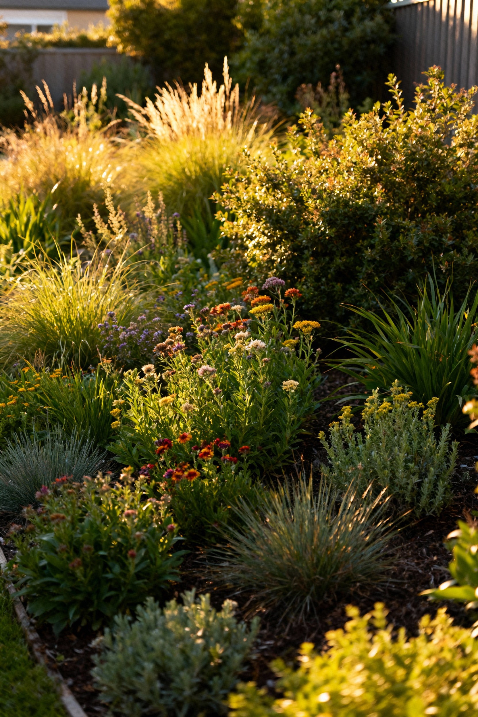 A lush, diverse garden bed overflowing with various native plants in full bloom, attracting pollinators, under golden hour light.