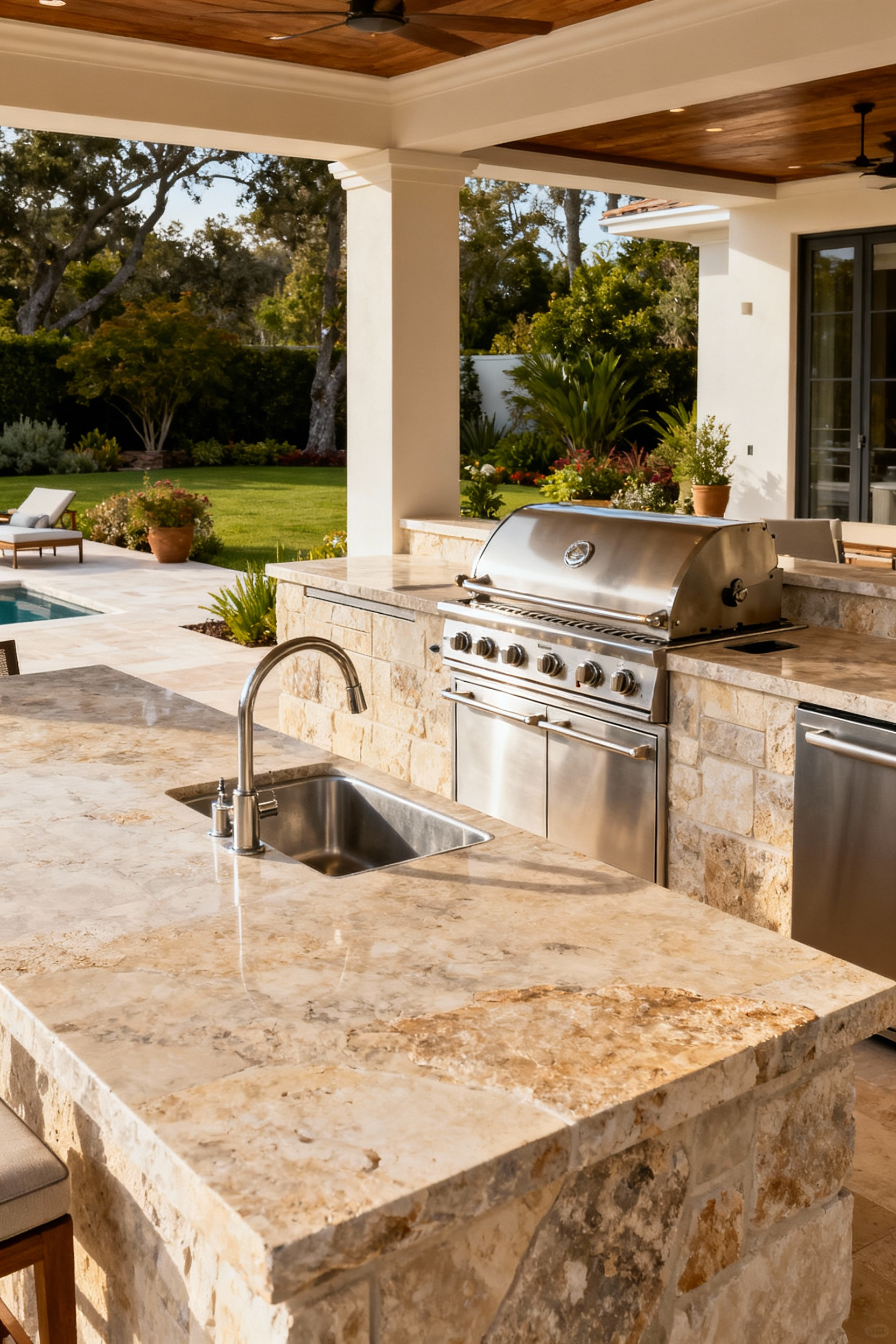 Integrated outdoor kitchenette with natural stone counters and stainless steel grill facilities, set on a patio with harmonious landscaping, designed for elevated al fresco dining.
